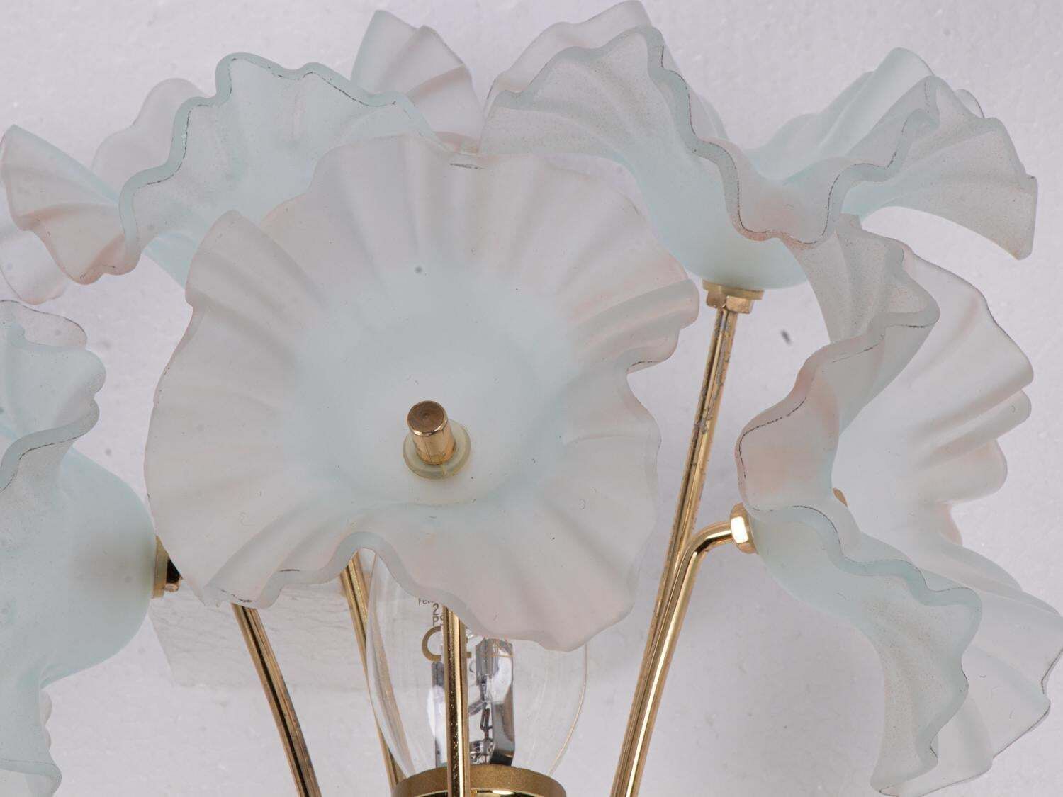 1 (Of 2) Pair Of 1970 Italy Hibiscus Brass Wall Sconces Turquoise Glass Flowers photo furniture