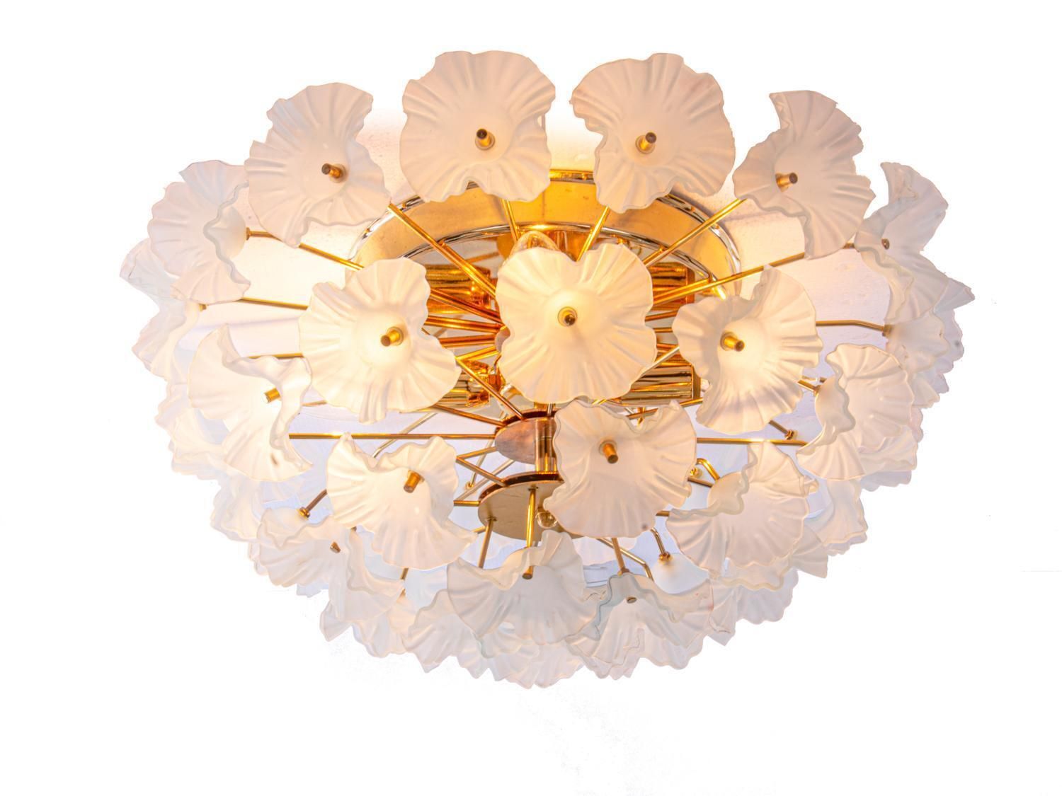 1 (Of 2) Pair Of 1970 Italy Hibiscus Brass Wall Sconces Turquoise Glass Flowers photo buy