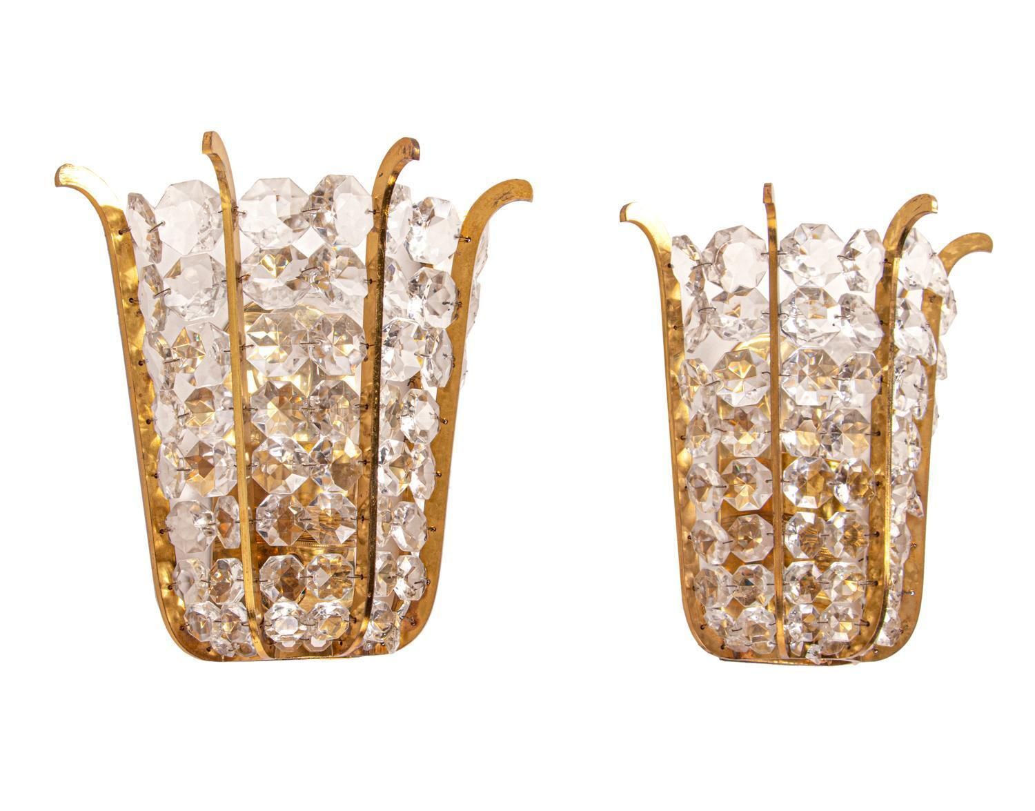 photo for sale Pair Of Faceted Wall Sconces Crystal & Brass By Bakalowits, Austria, 1960