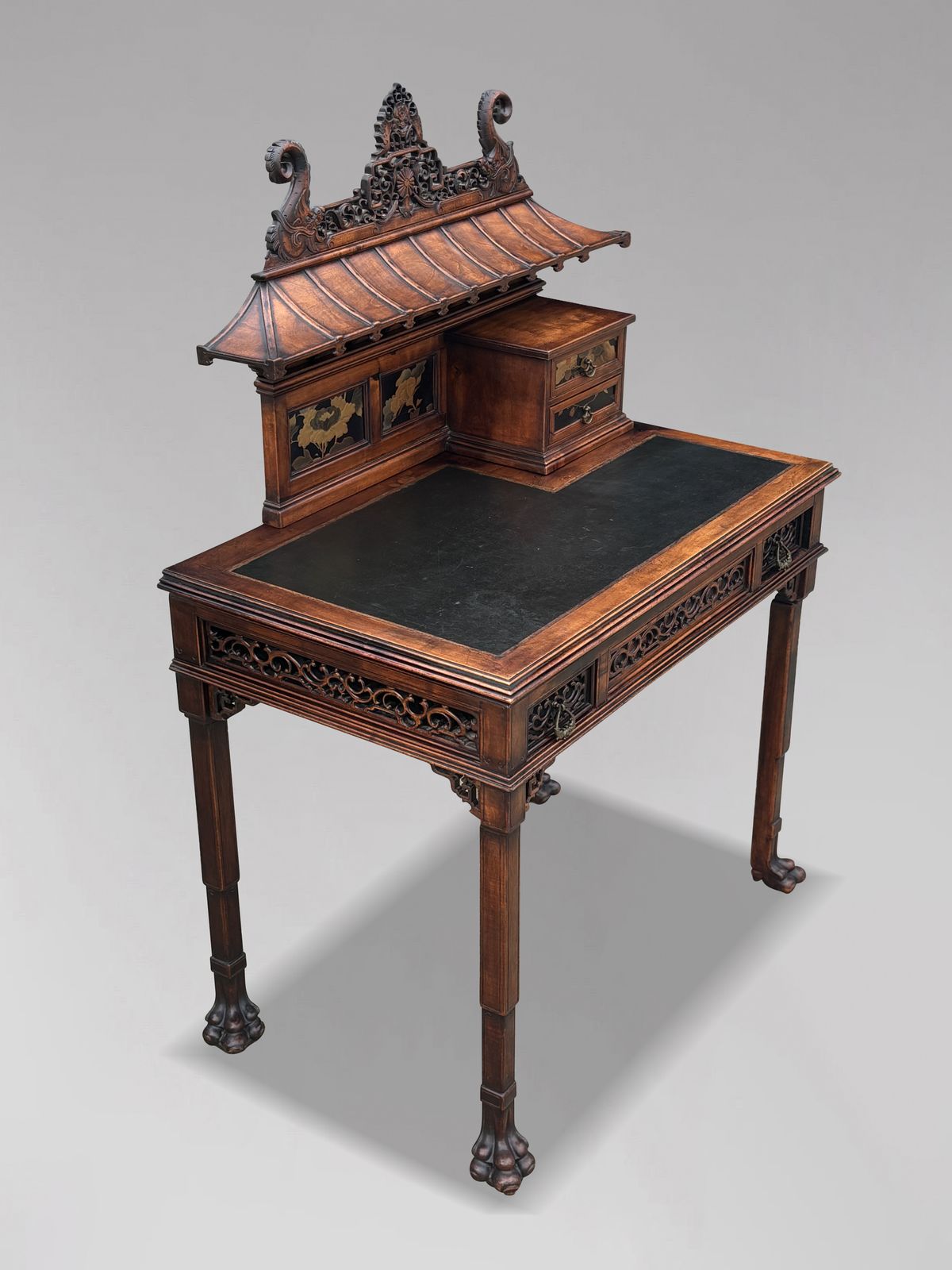 19th Century Chinese Chippendale Carved Pagoda Top Writing Table photo for sale