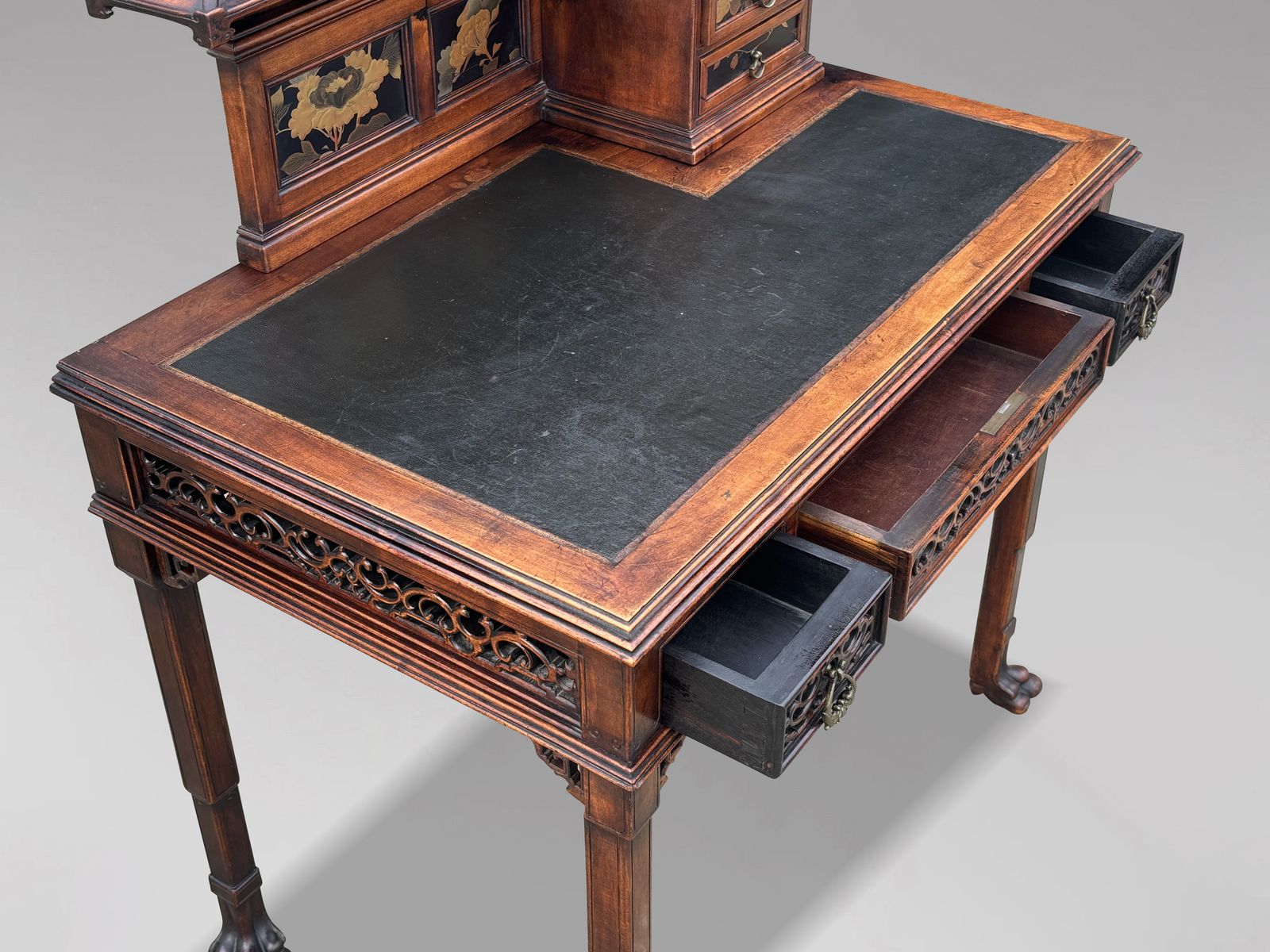 photo furniture 19th Century Chinese Chippendale Carved Pagoda Top Writing Table