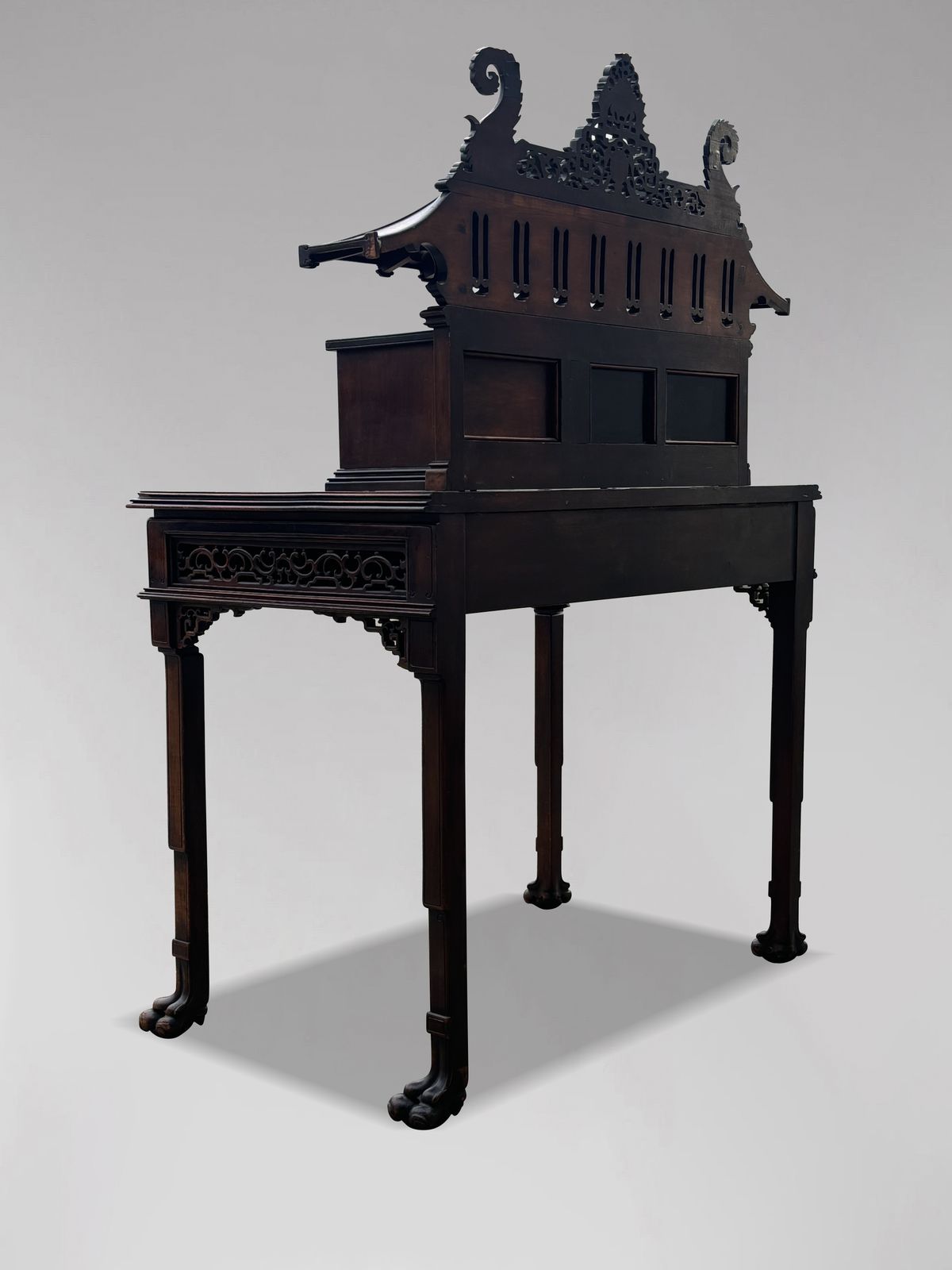 photo for sale 19th Century Chinese Chippendale Carved Pagoda Top Writing Table