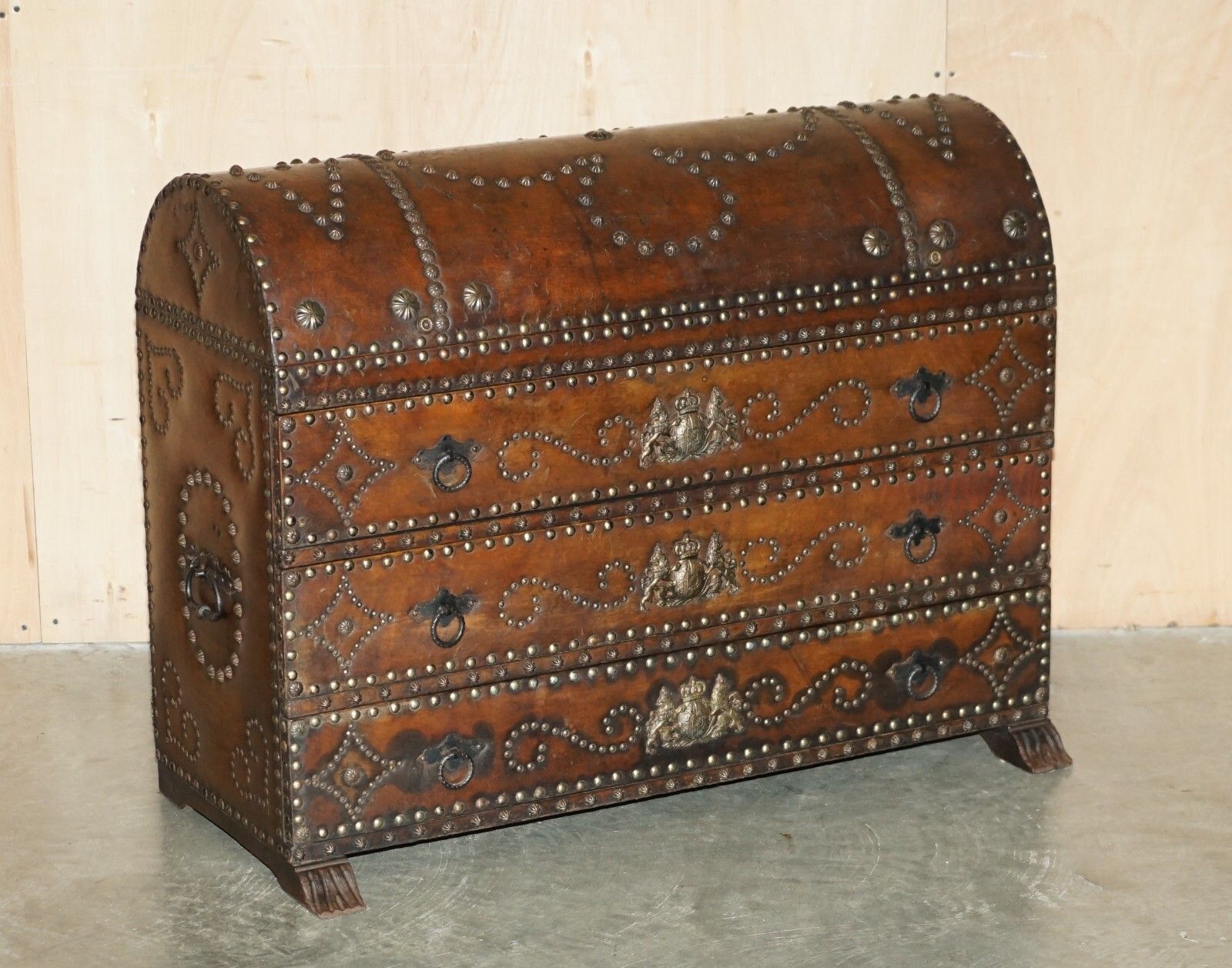 Antique Spanish Leather Domed Top Armorial Crest Coat Of Arms Chest Of Drawers photo furniture
