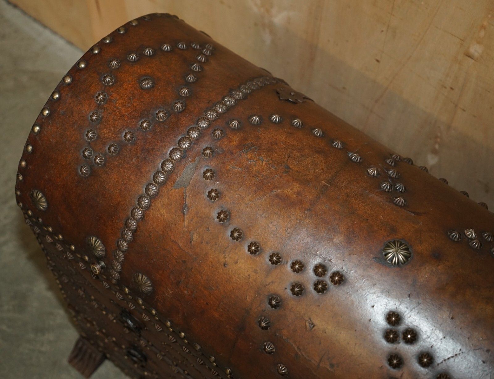 photo furniture Antique Spanish Leather Domed Top Armorial Crest Coat Of Arms Chest Of Drawers