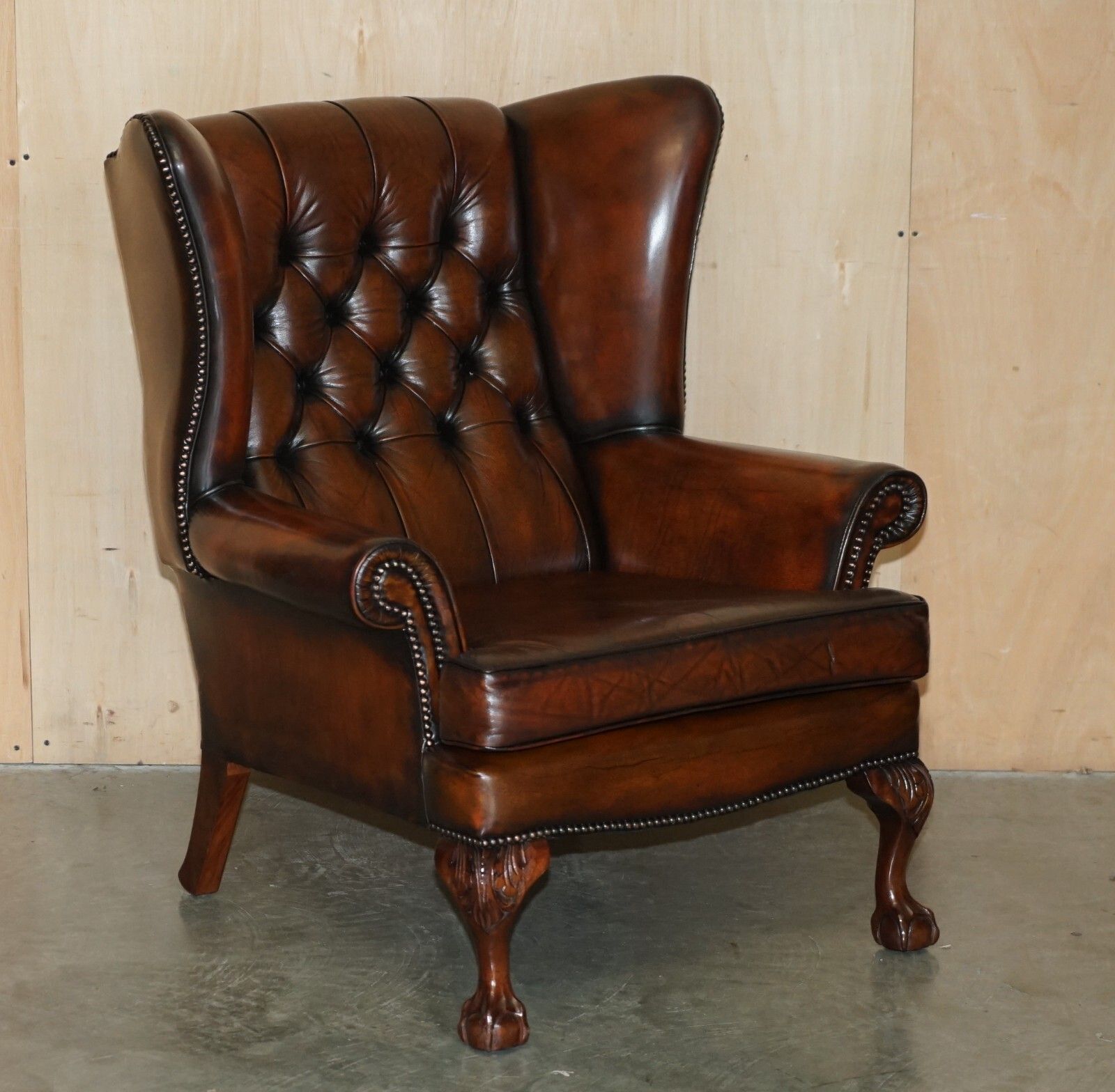 Pair Of Claw & Ball Feet Chesterfield Tufted Brown Leather Wingback Armchairs photo furniture