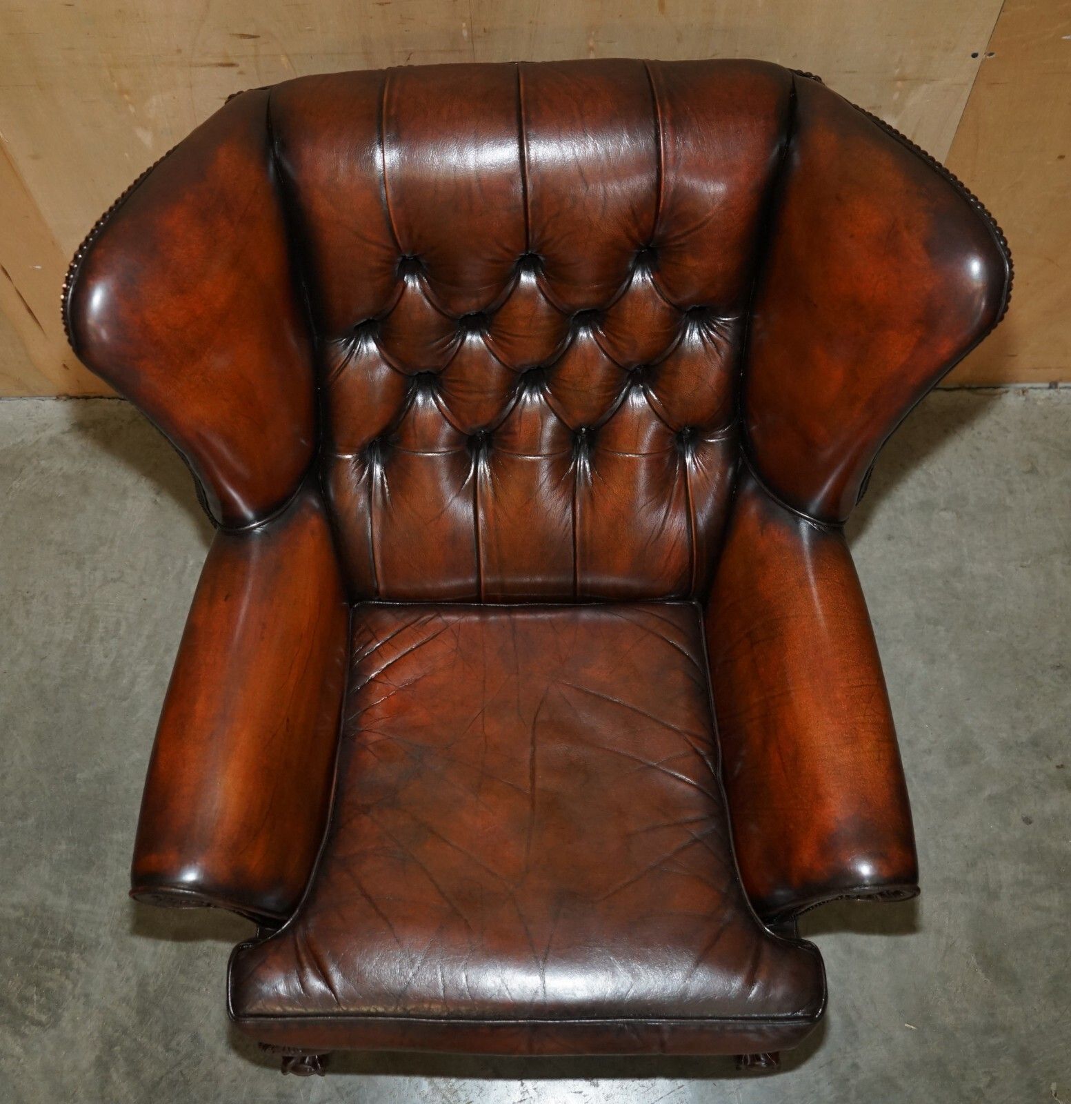 Pair Of Claw & Ball Feet Chesterfield Tufted Brown Leather Wingback Armchairs photo vinterior