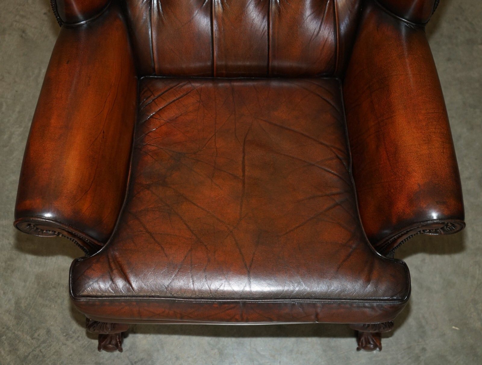 Pair Of Claw & Ball Feet Chesterfield Tufted Brown Leather Wingback Armchairs photo buy