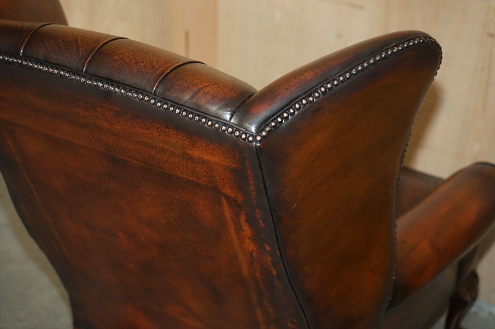 photo buy Pair Of Claw & Ball Feet Chesterfield Tufted Brown Leather Wingback Armchairs