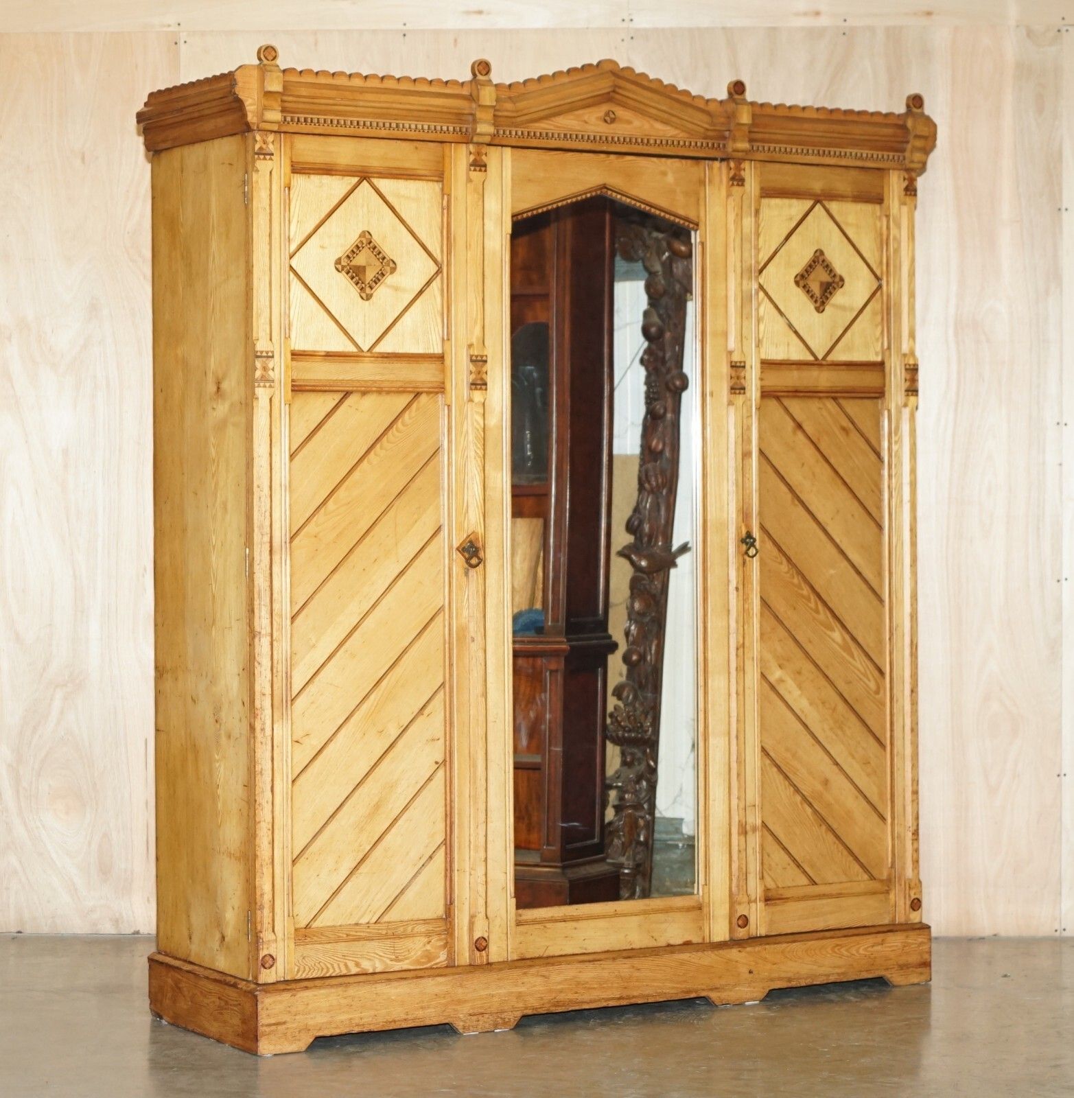 Victorian Ash Aesthetic Movement Wardrobe Built In Campaign Chest Of Drawers