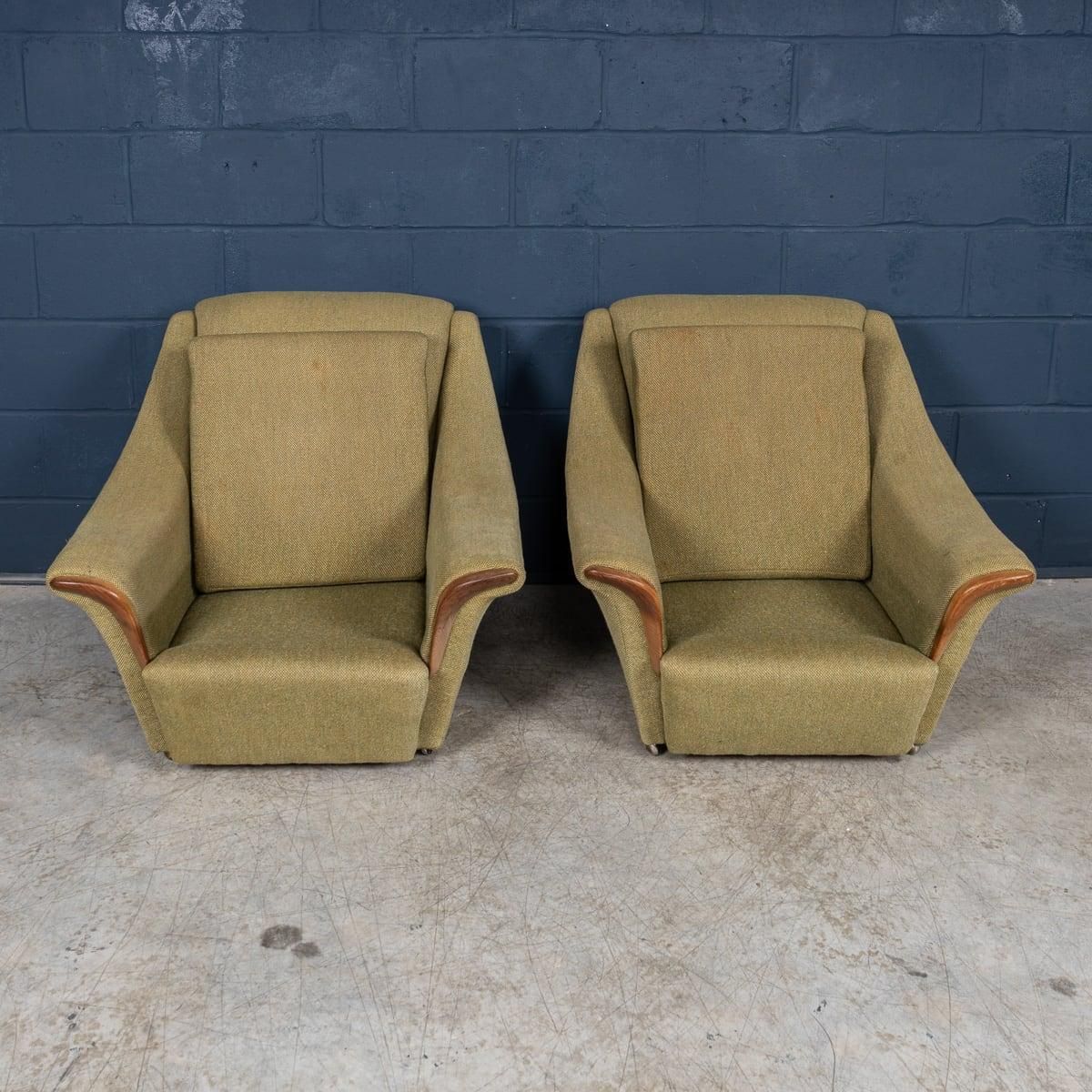 Vintage 20th Century English Pair Of Olive Green Upholstered Armchairs C.1960 photo buy