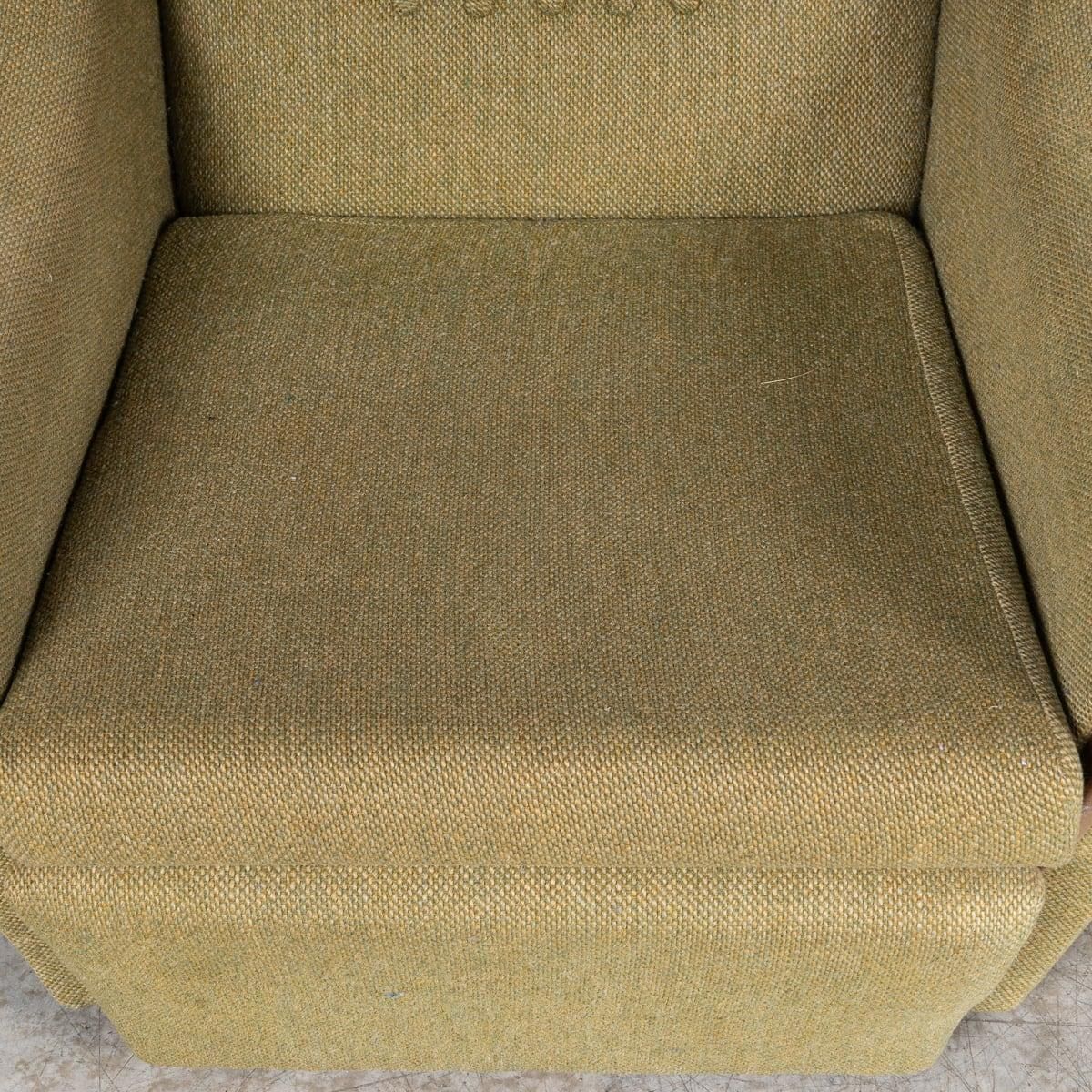 photo for sale Vintage 20th Century English Pair Of Olive Green Upholstered Armchairs C.1960