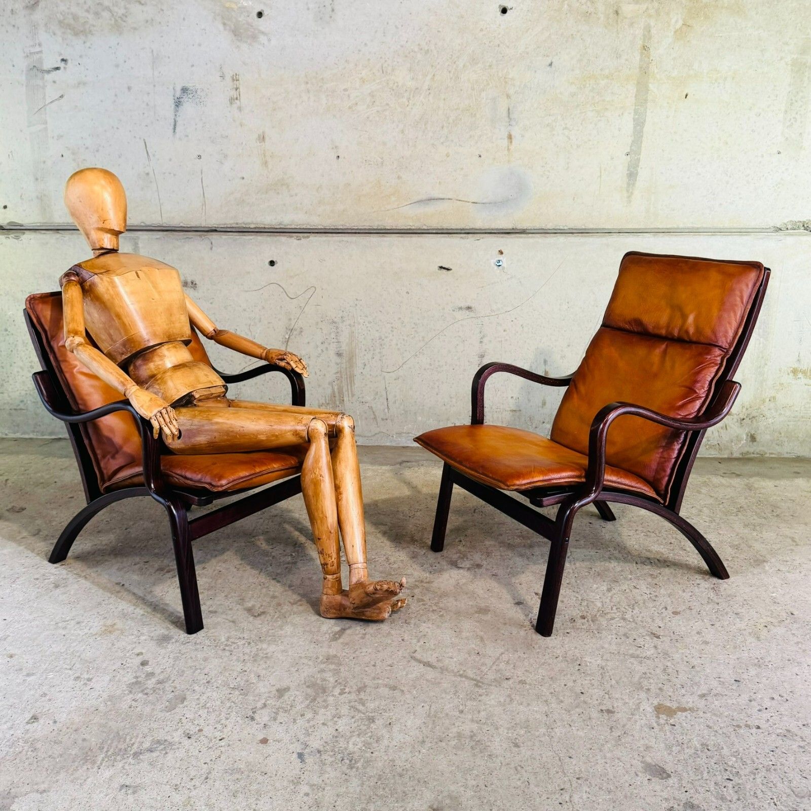 Vintage Stouby Danish His & Hers Bentwood Light Tan Leather Chairs #A521 photo for sale