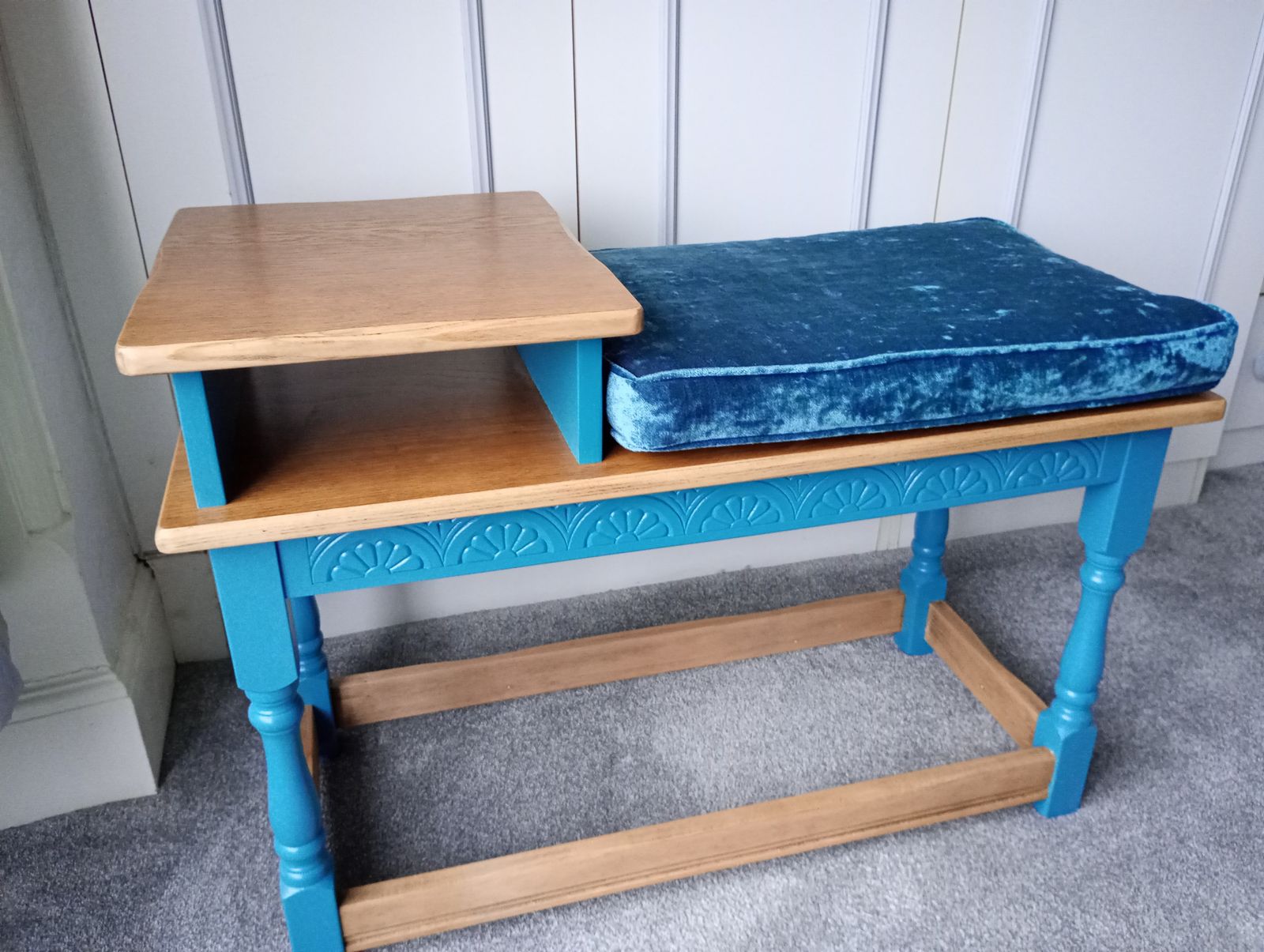 Upcycled Telephone Seat In Oak And Teal Paint With Custom Cushion photo furniture