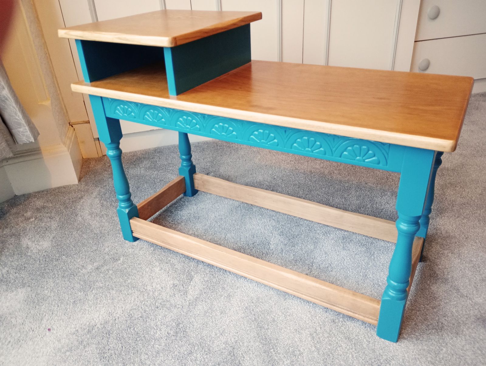Upcycled Telephone Seat In Oak And Teal Paint With Custom Cushion photo for sale