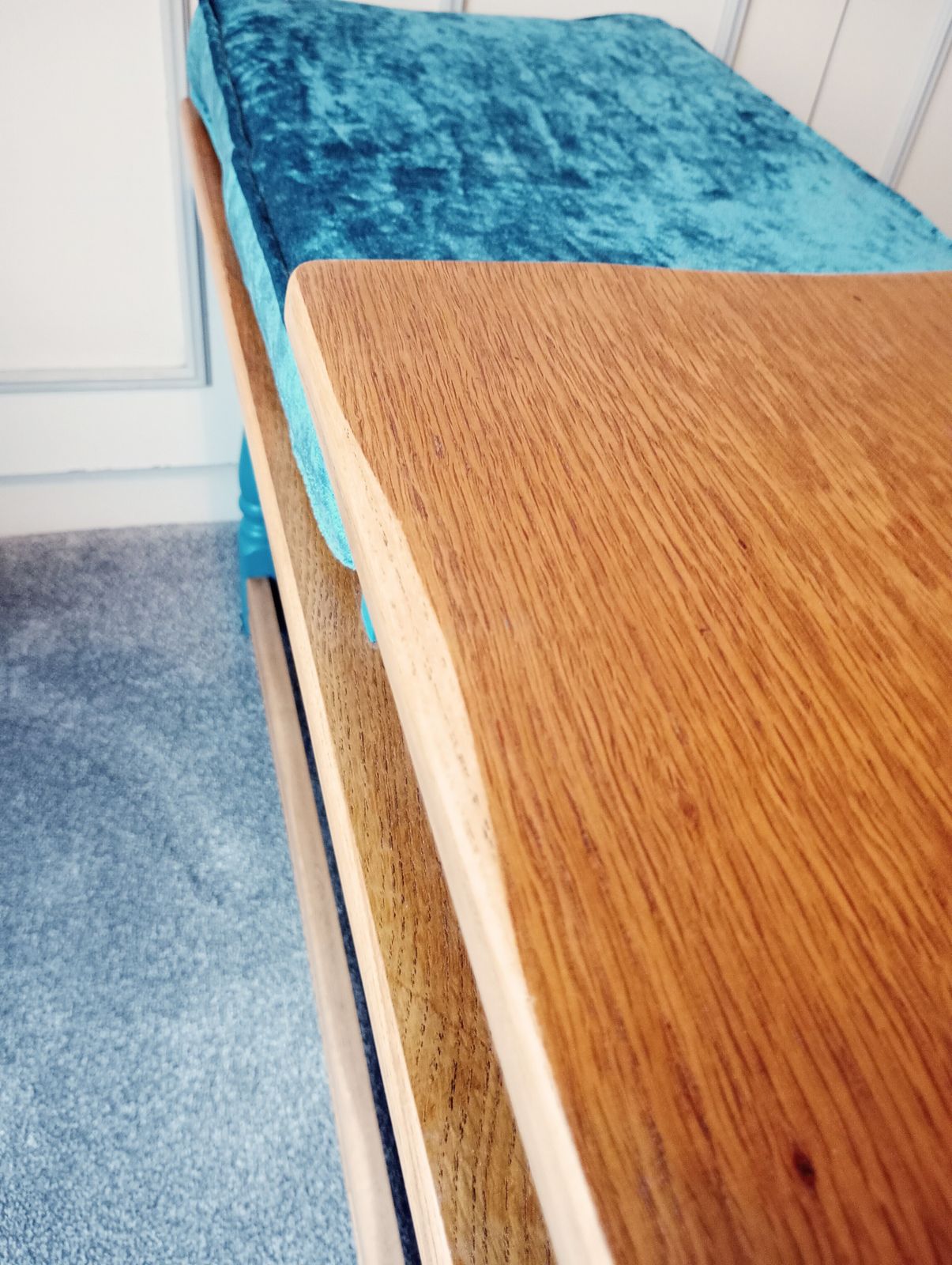 Furniture Upcycled Telephone Seat In Oak And Teal Paint With Custom Cushion photo