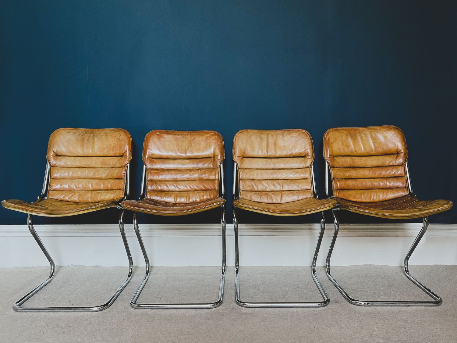 Set Of Four Italian Tan Leather And Chrome Chairs