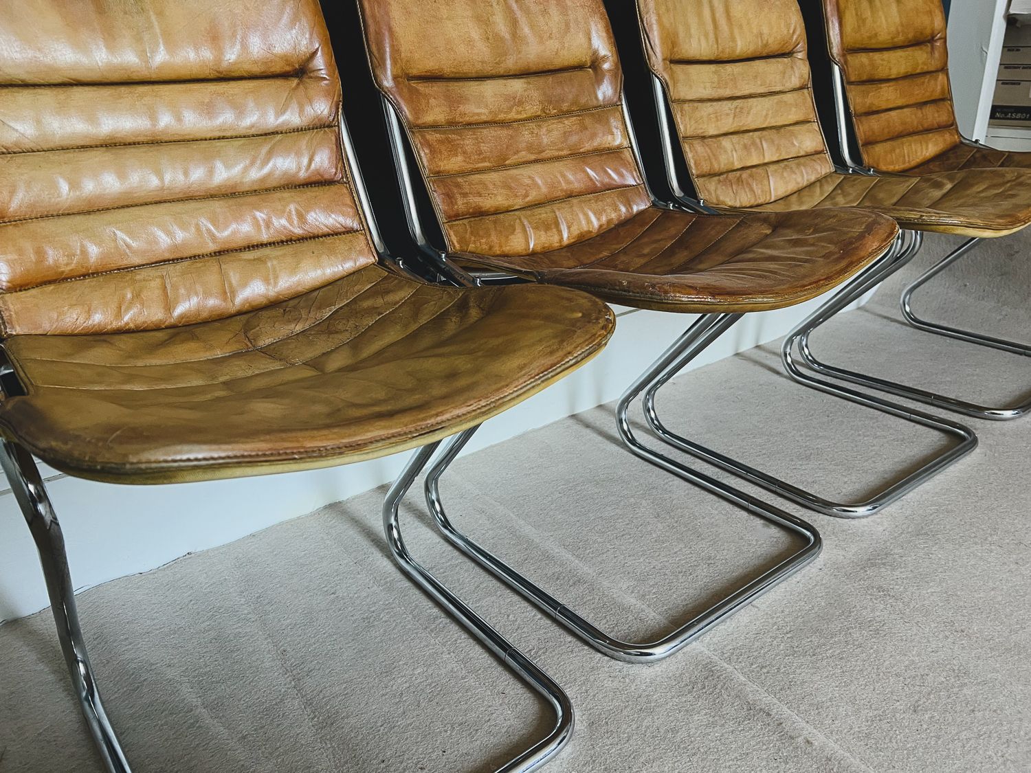 850.0 Set Of Four Italian Tan Leather And Chrome Chairs photo