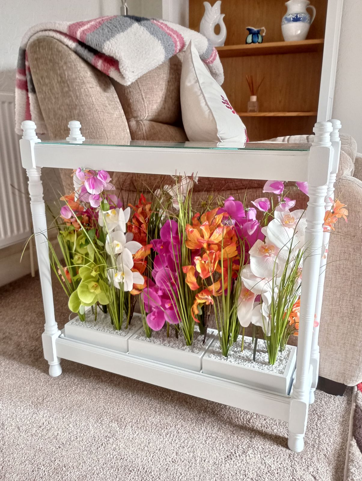 Upcycled Glazed Table Faux Flower Display In Satin White Paint Finish. photo Furniture