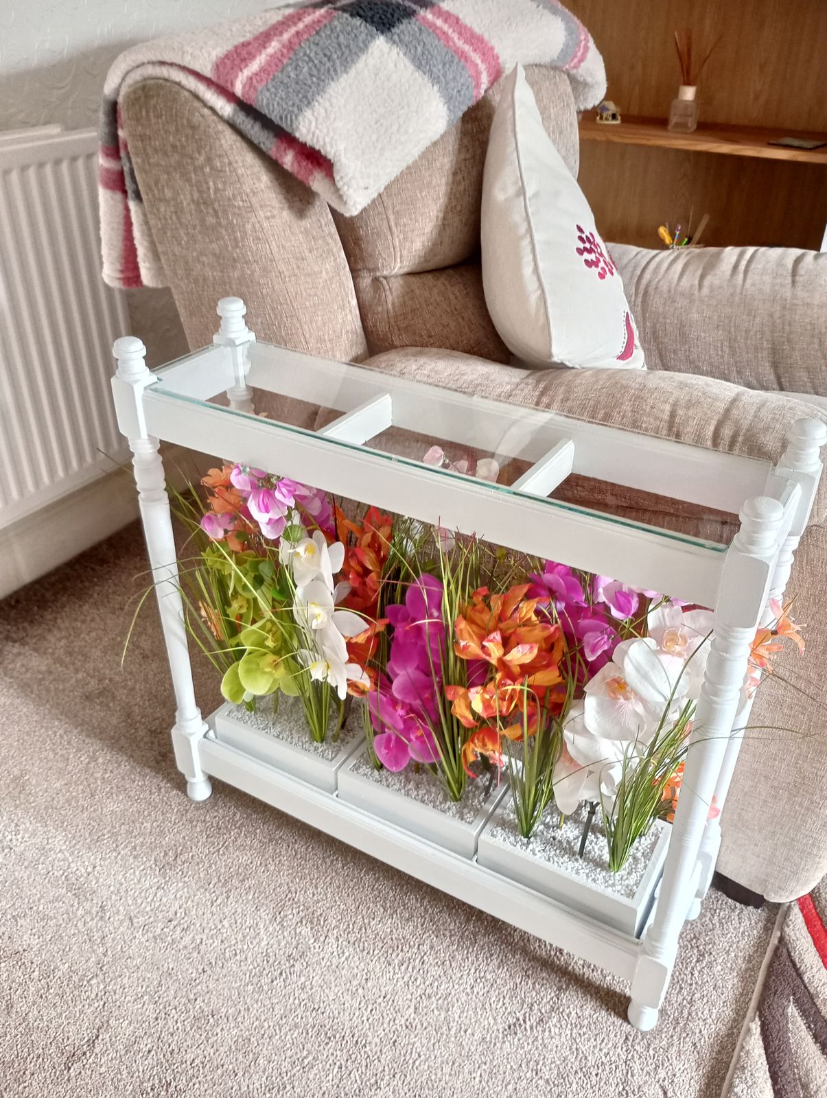 Upcycled Glazed Table Faux Flower Display In Satin White Paint Finish. photo 85.0