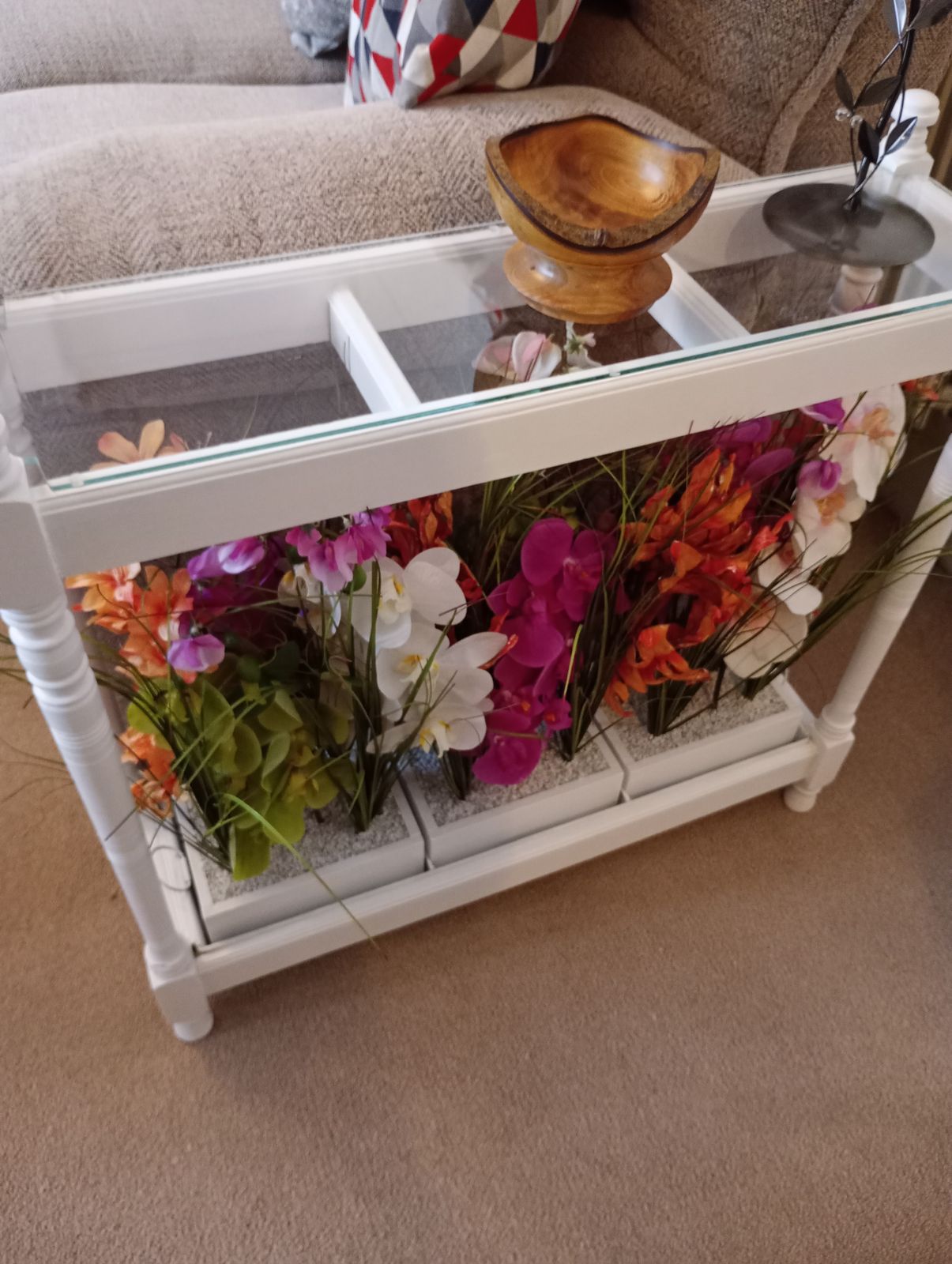 Upcycled Glazed Table Faux Flower Display In Satin White Paint Finish. photo buy