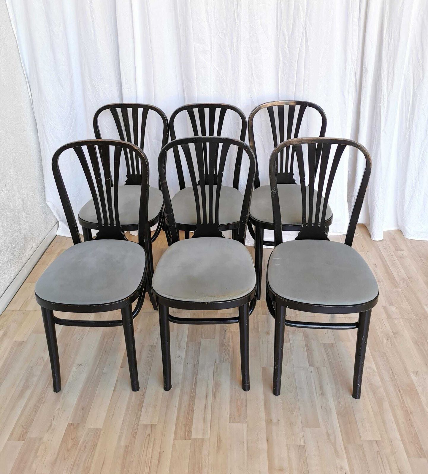 Set Of 6 Vintage Dining Chairs By Stol Kamnik Original / 1970s Yugoslavia / Mid Century Black Wooden Dine Chair With Gray Fabric Seat