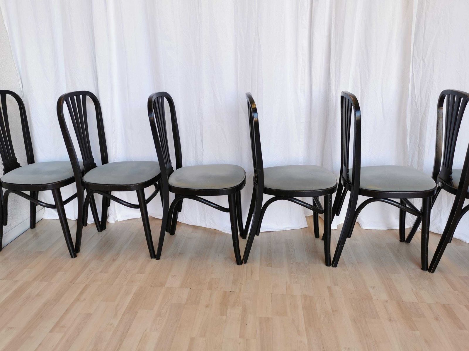Set Of 6 Vintage Dining Chairs By Stol Kamnik Original / 1970s Yugoslavia / Mid Century Black Wooden Dine Chair With Gray Fabric Seat photo furniture
