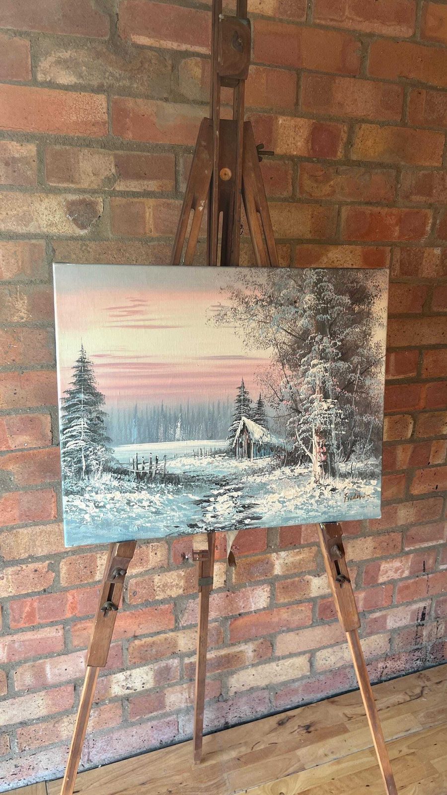 photo furniture Signed Oil Painting – Serene Winter Landscape With Snow Covered Trees And Cabin