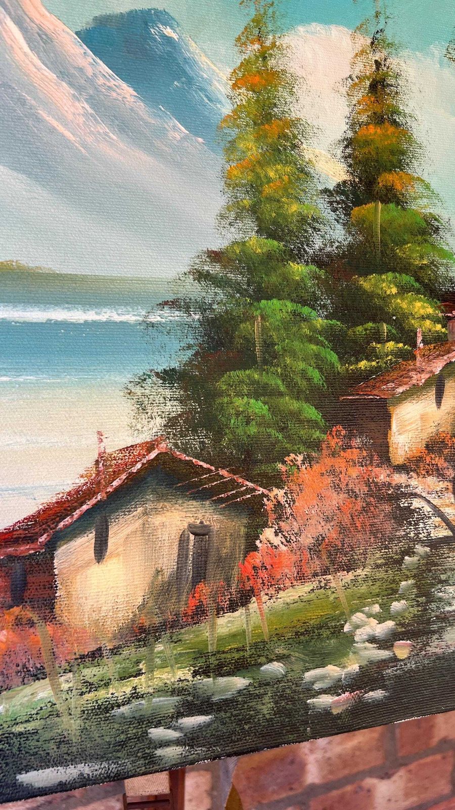 Signed Mid Century Oil Painting – Idyllic Mountain & Lakeside Scene photo 169.0