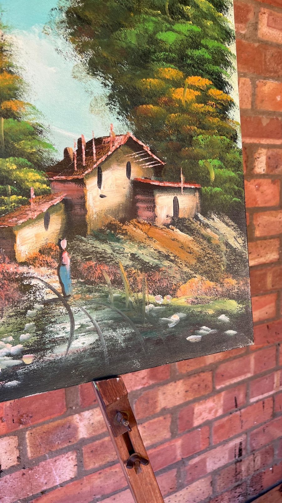 Signed Mid Century Oil Painting – Idyllic Mountain & Lakeside Scene photo buy
