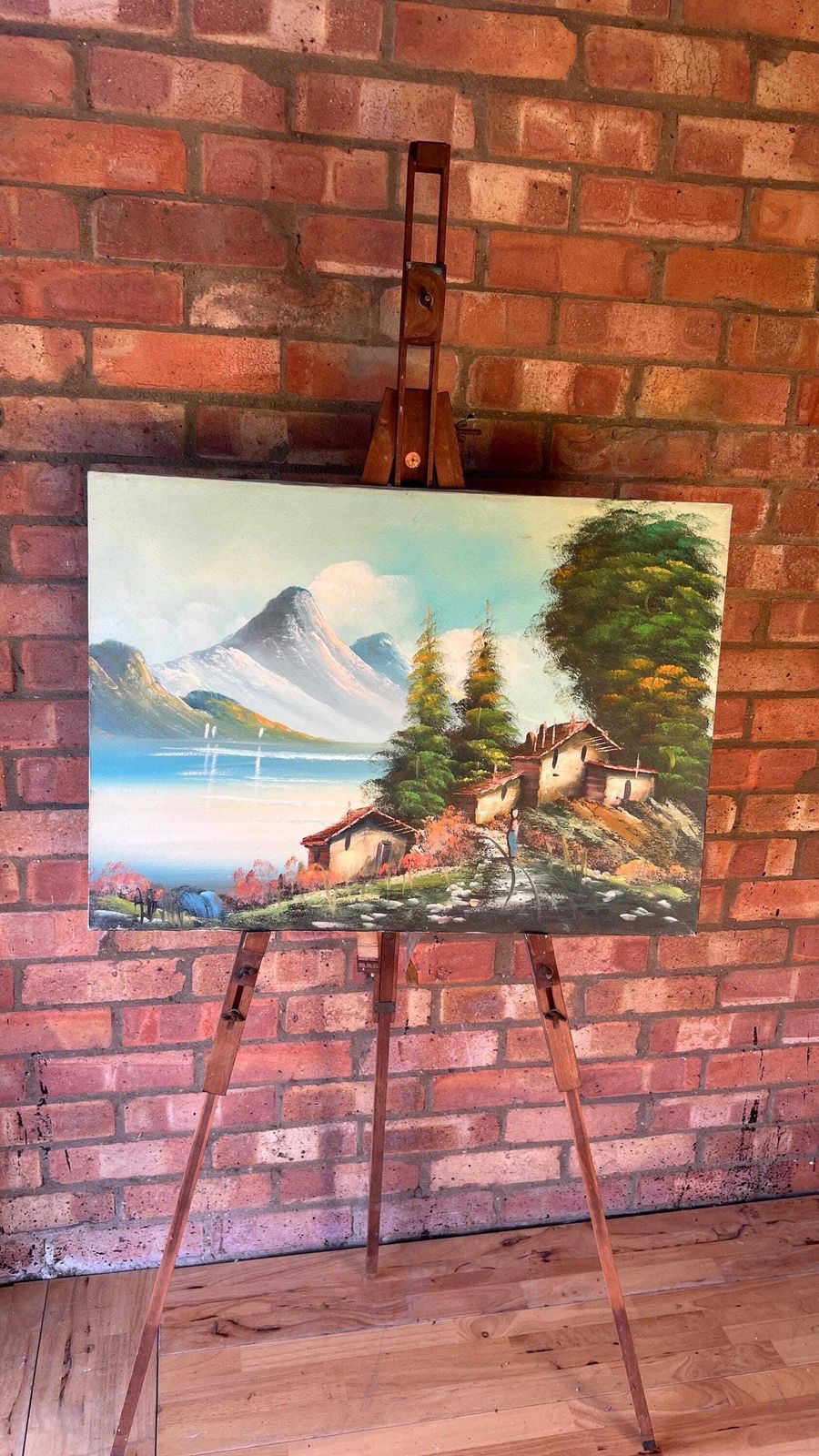 photo for sale Signed Mid Century Oil Painting – Idyllic Mountain & Lakeside Scene