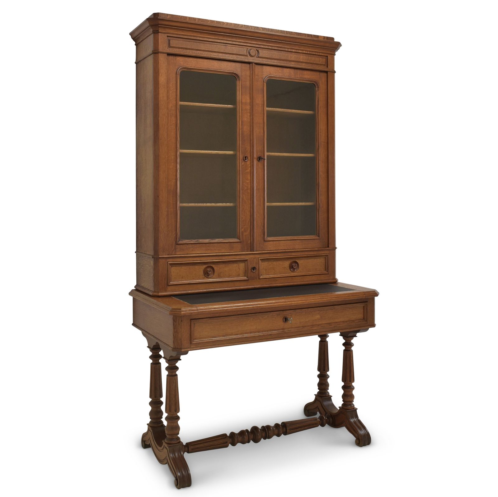 Antique! Secretary With Display Cabinet, Restored Oak Desk, Bookcase