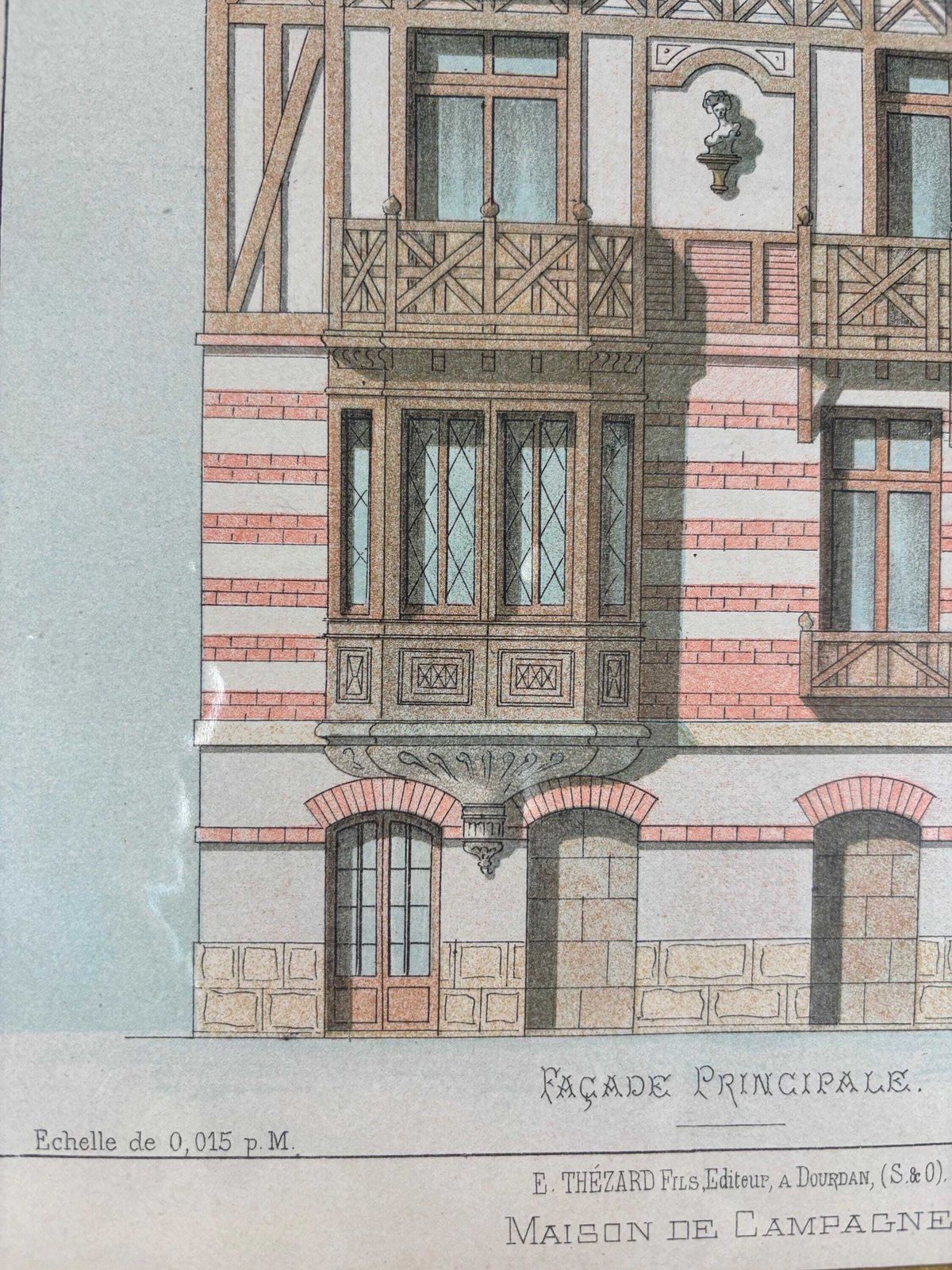 Antique Chromolithograph Of Parisian Townhouse, Circa 1880 – Original Architectural Drawing In Rich Colours photo vinterior