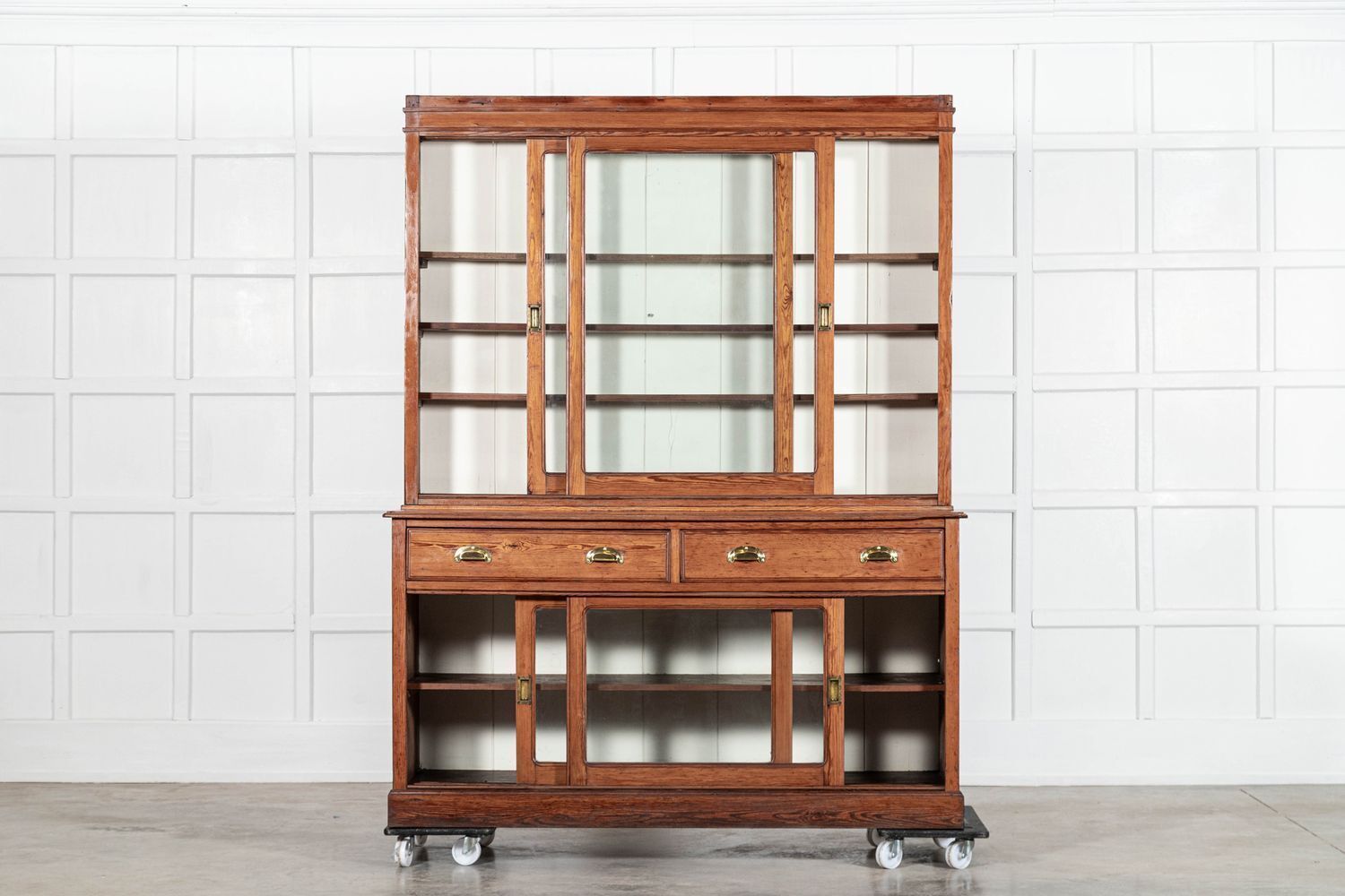 Large 19thc English Glazed Pine Haberdashery Cabinet photo for sale