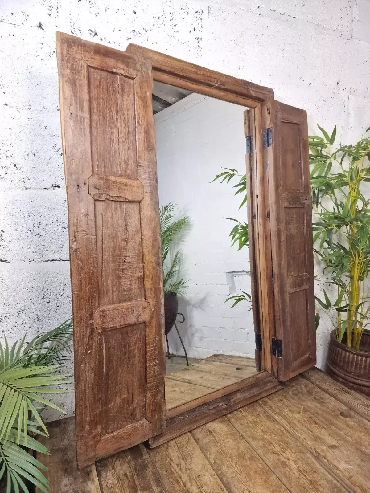 Large Antique Indian Colonial Solid Wooden Window Shutters Wall Garden Mirror photo buy