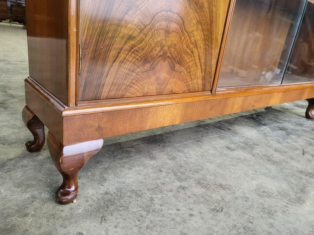Vintage 20thc 1970's Walnut Low Bookcase Cabinet Shelves Glass Doors photo furniture