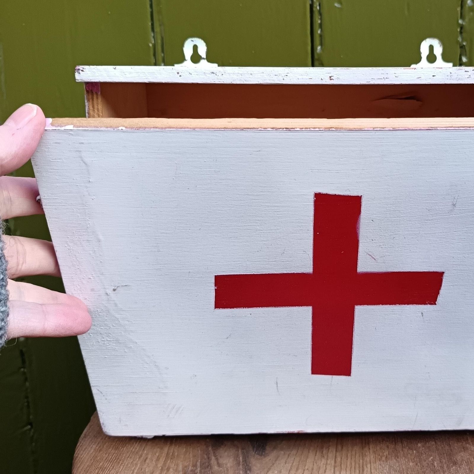 Vintage First Aid Cabinet, Handmade Small Wooden Box With Shelves. Unique Piece. Door Opens Down And Outwards. photo furniture