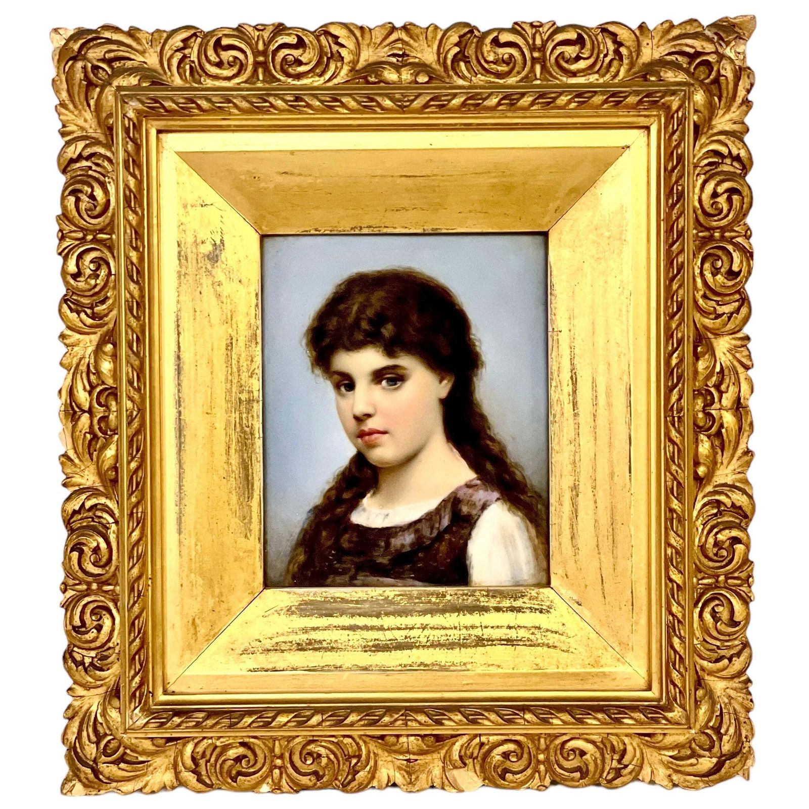 19th Century Oil On Ceramic : Portrait Of A Young Lady