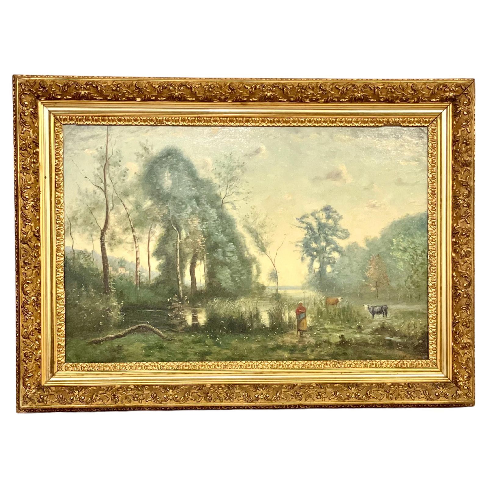 Large Oil On Panel 'The Cowherder By The Pond', By Charles Dhuin
