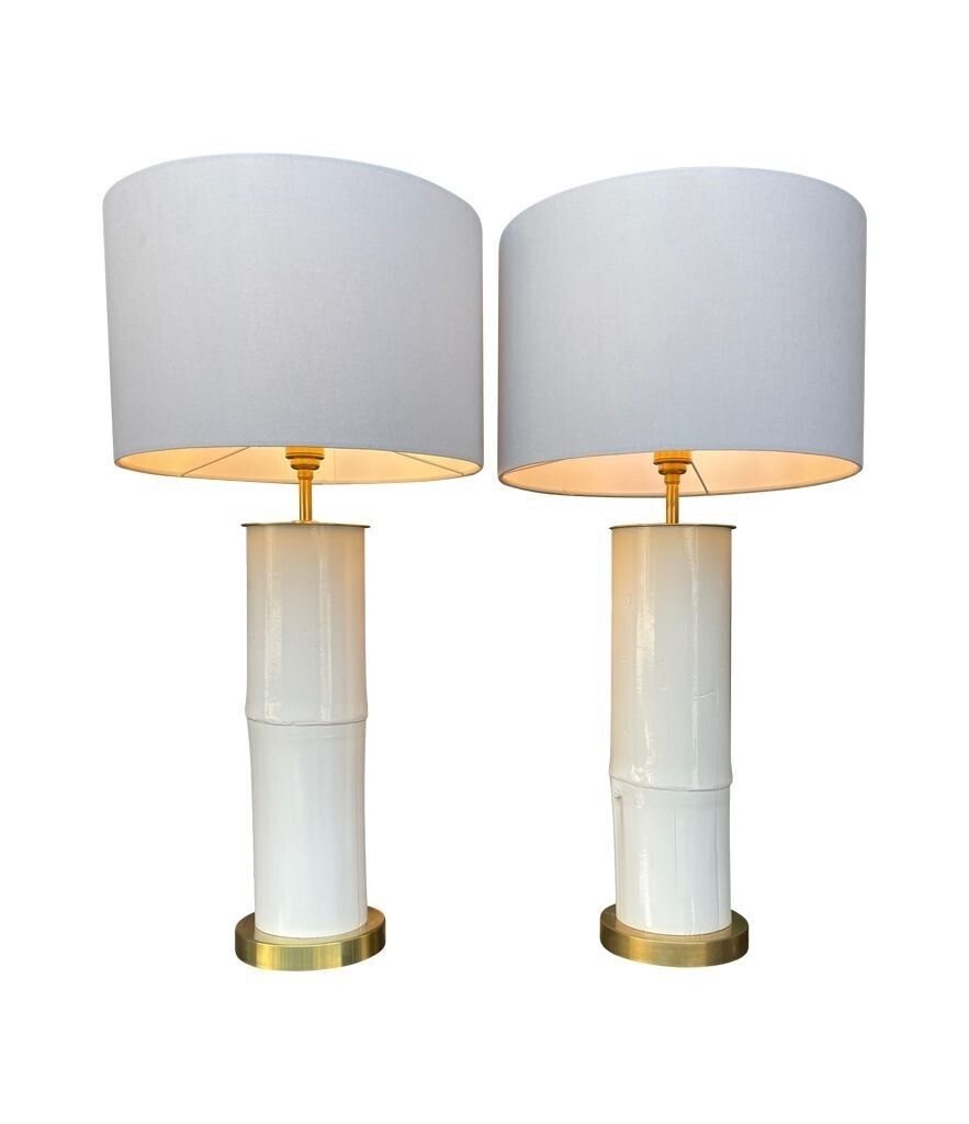 A Pair Of Ivory Lacquered Real Bamboo And Brass Lamps With Bespoke Linen Shades