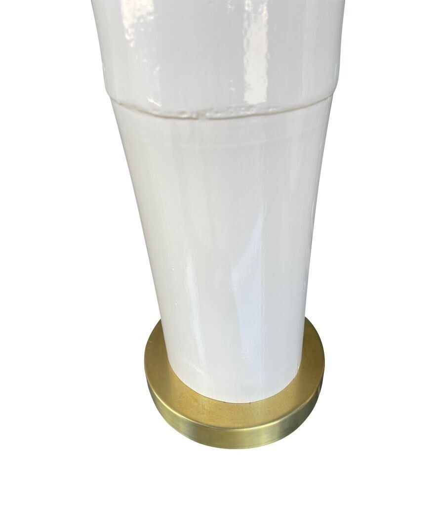 A Pair Of Ivory Lacquered Real Bamboo And Brass Lamps With Bespoke Linen Shades photo for sale