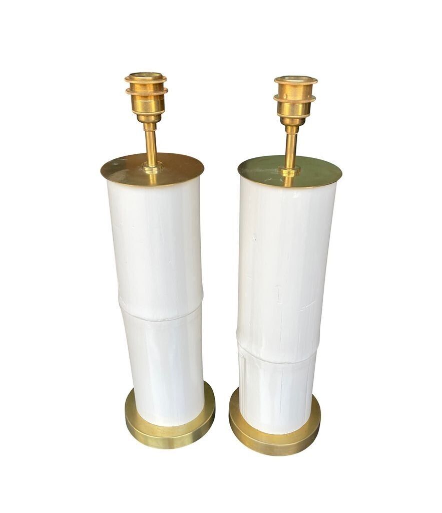 A Pair Of Ivory Lacquered Real Bamboo And Brass Lamps With Bespoke Linen Shades photo buy
