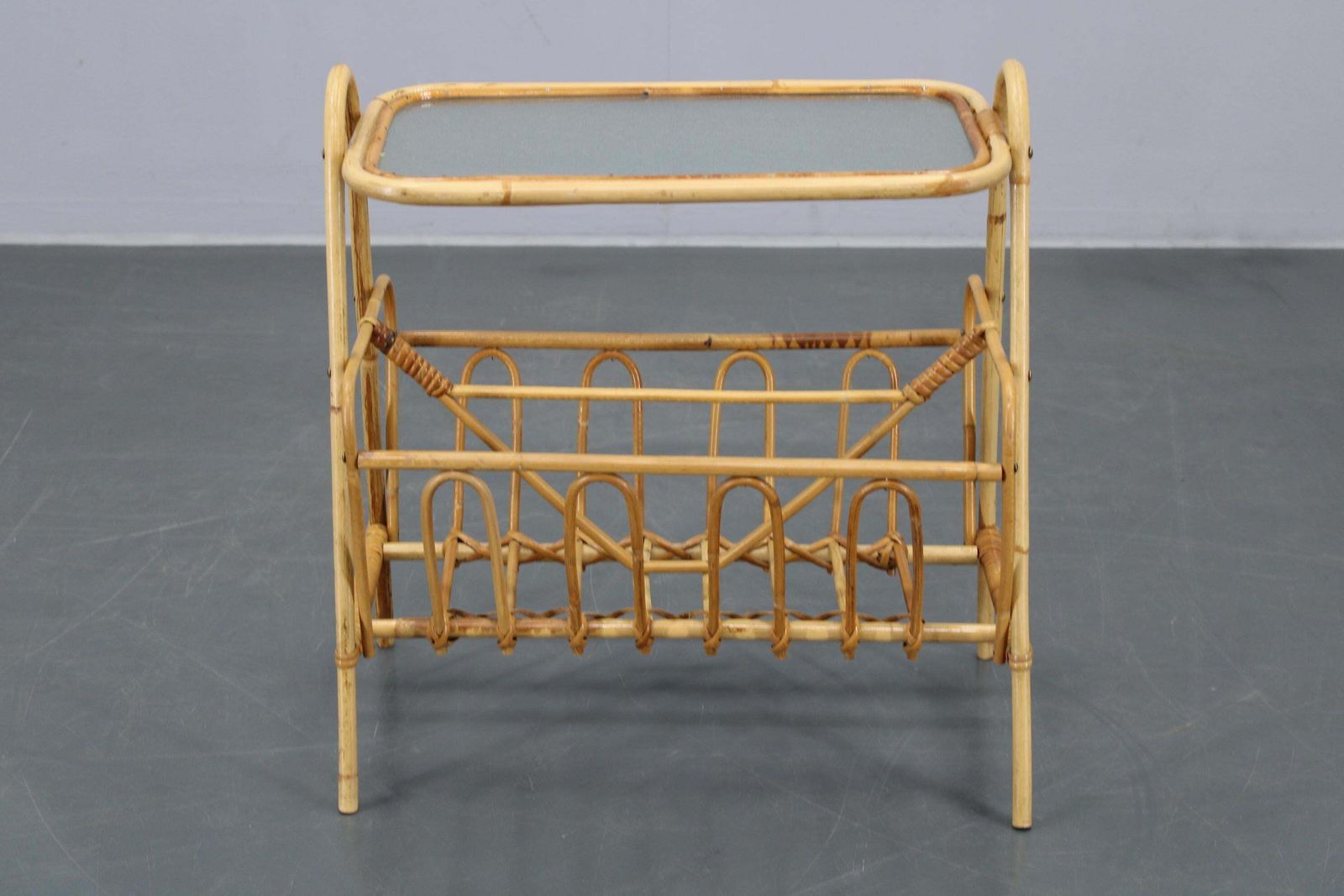 1970s Rattan Newspaper And Magazine Stand With Glass Top, Italy photo furniture