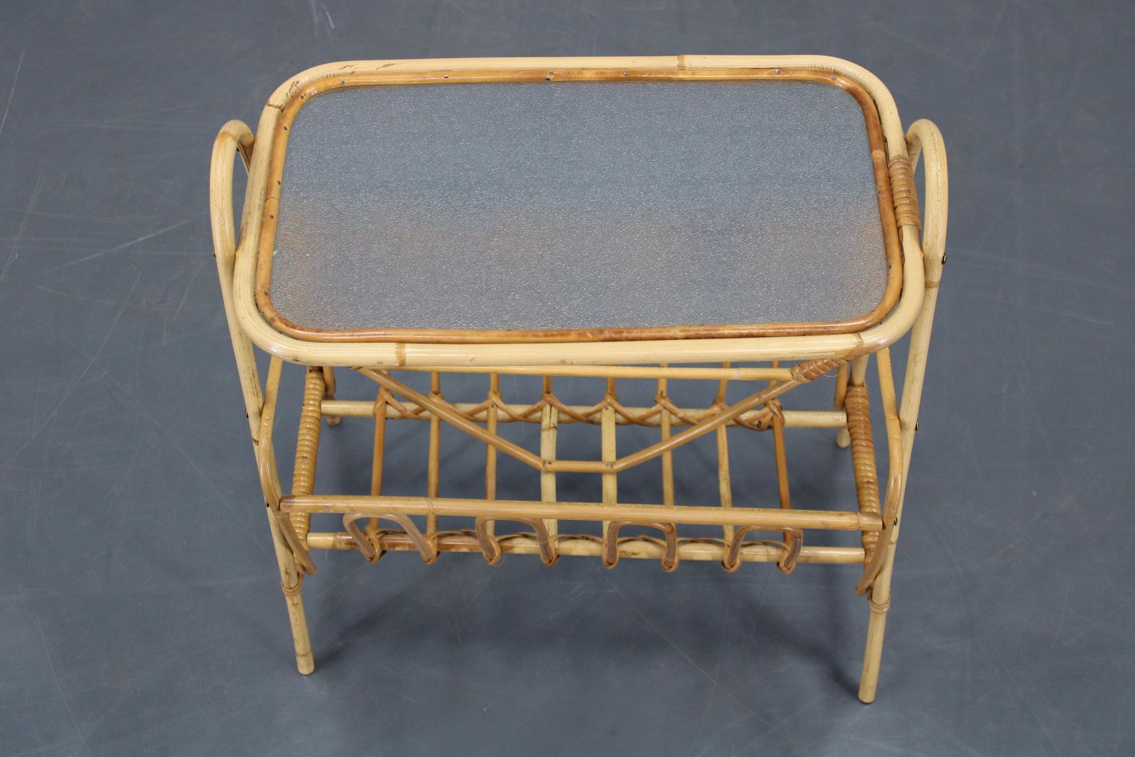 1970s Rattan Newspaper And Magazine Stand With Glass Top, Italy photo for sale