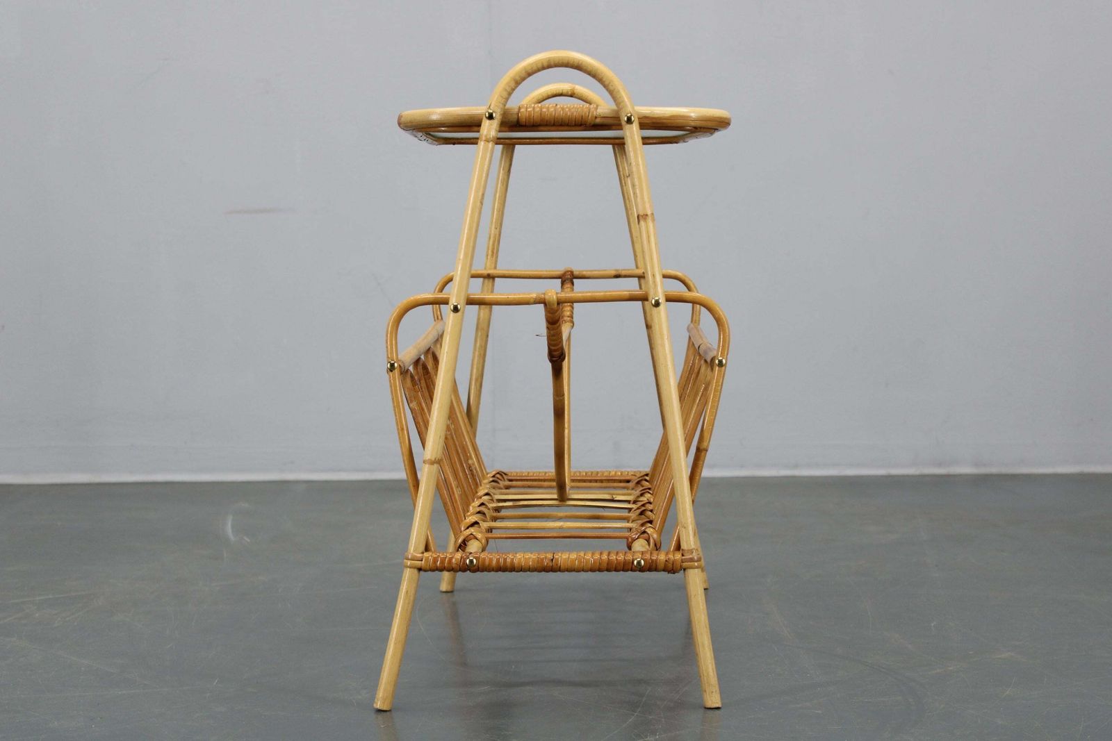 photo furniture 1970s Rattan Newspaper And Magazine Stand With Glass Top, Italy