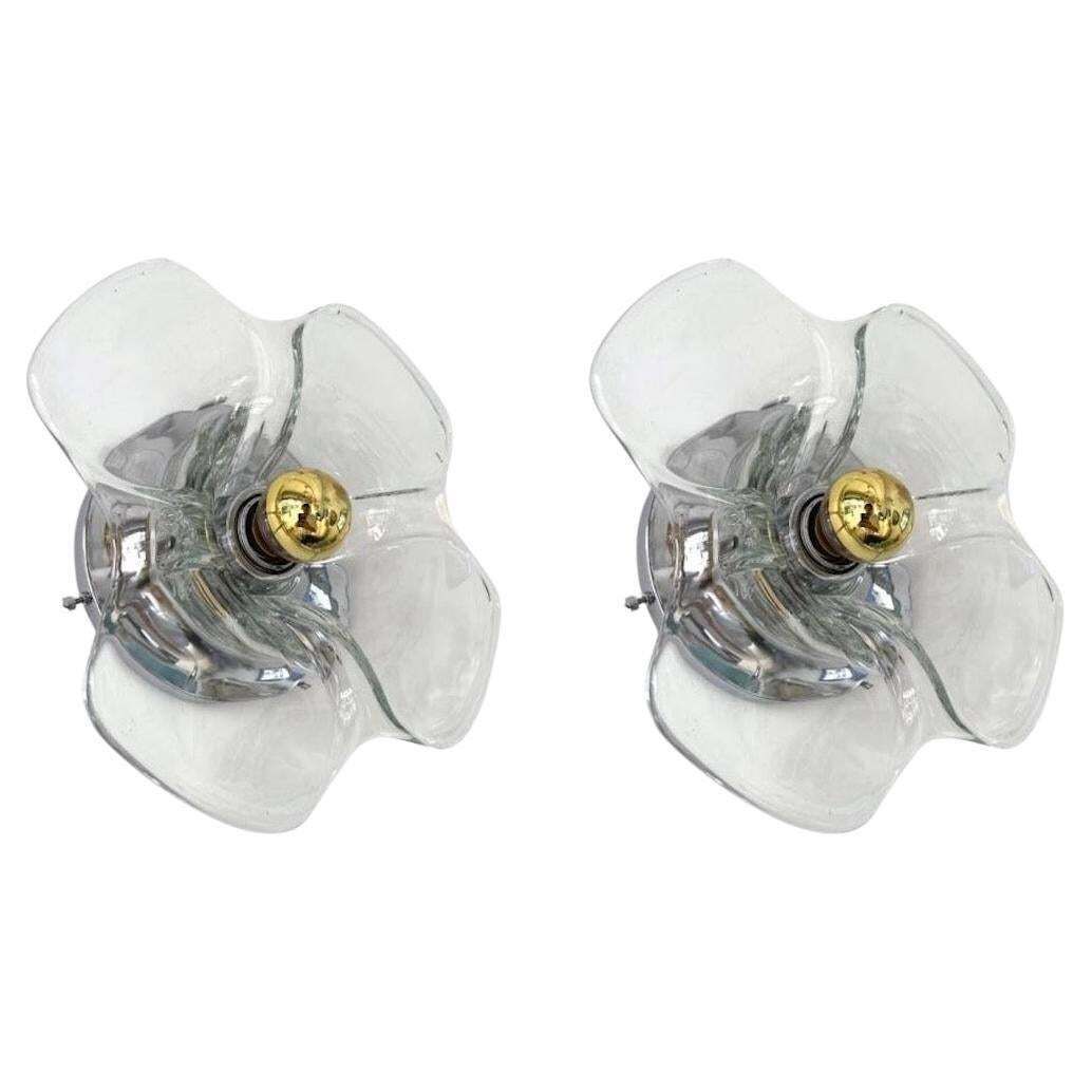 Pair Of Glass And Metal Flower Sconces, Italy, 1970s