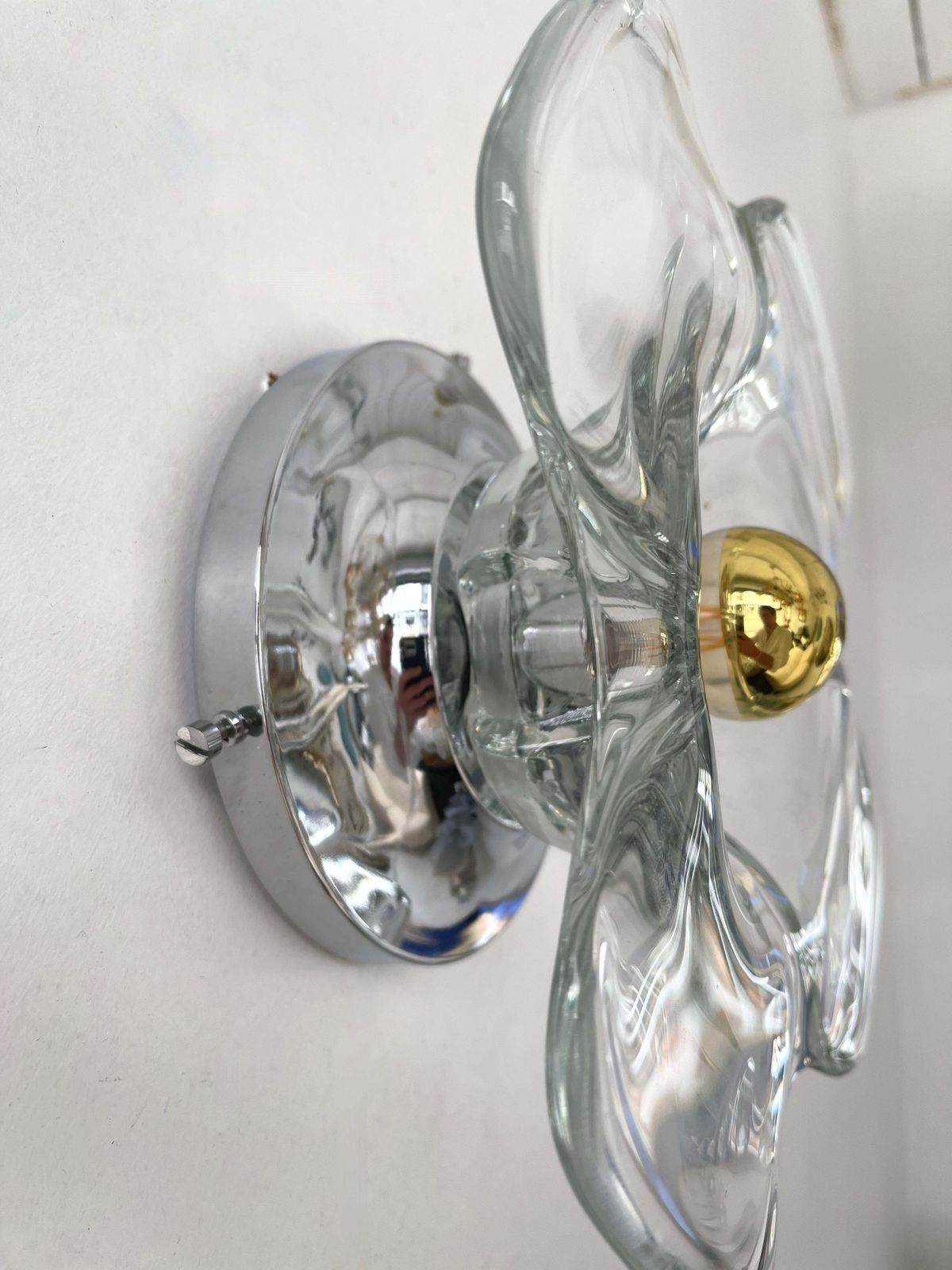 photo furniture Pair Of Glass And Metal Flower Sconces, Italy, 1970s