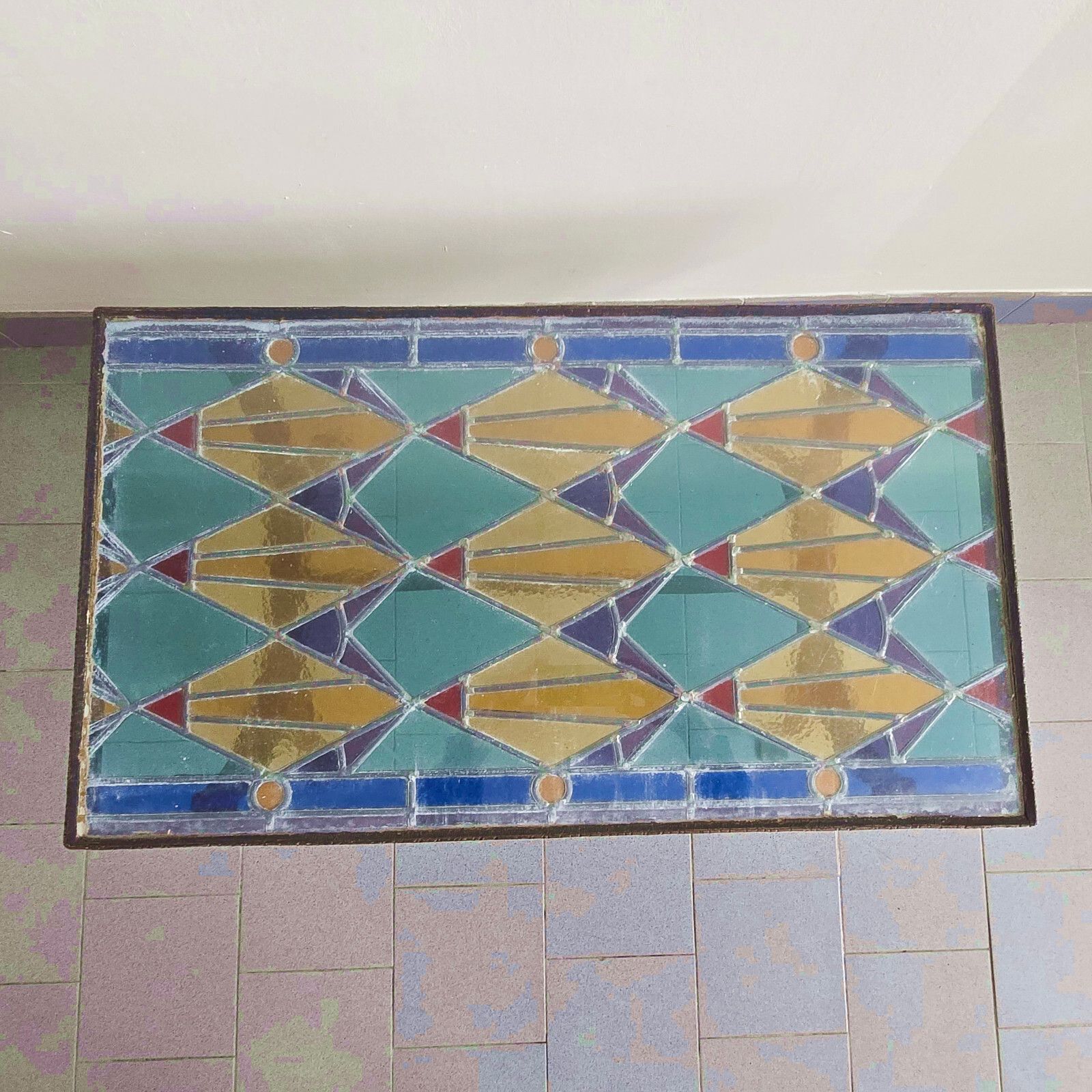 Vintage 1960s Brutalist Metal, Glass & Stained Glass Coffee Table 60s photo Furniture