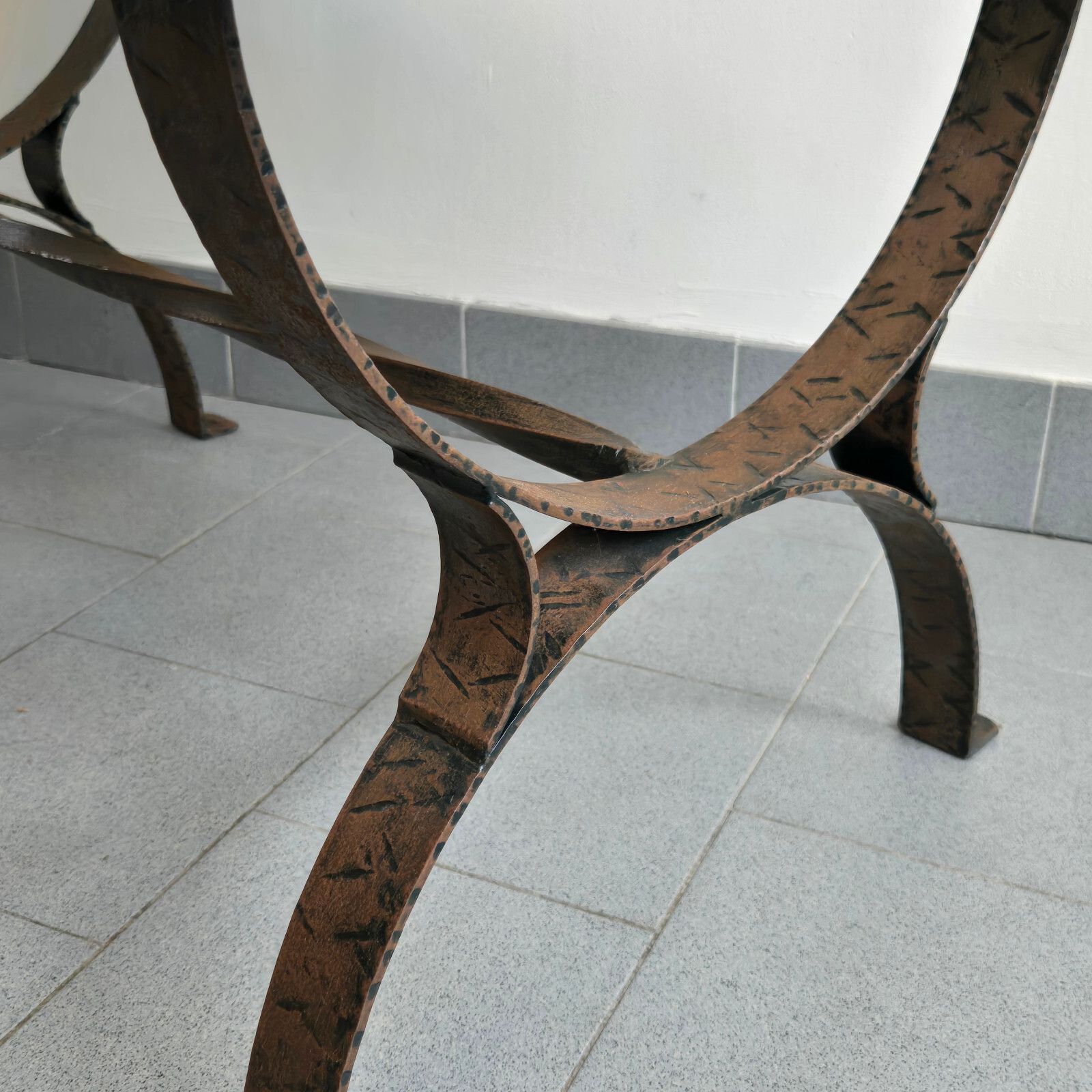 photo vinterior Vintage 1960s Brutalist Metal, Glass & Stained Glass Coffee Table 60s