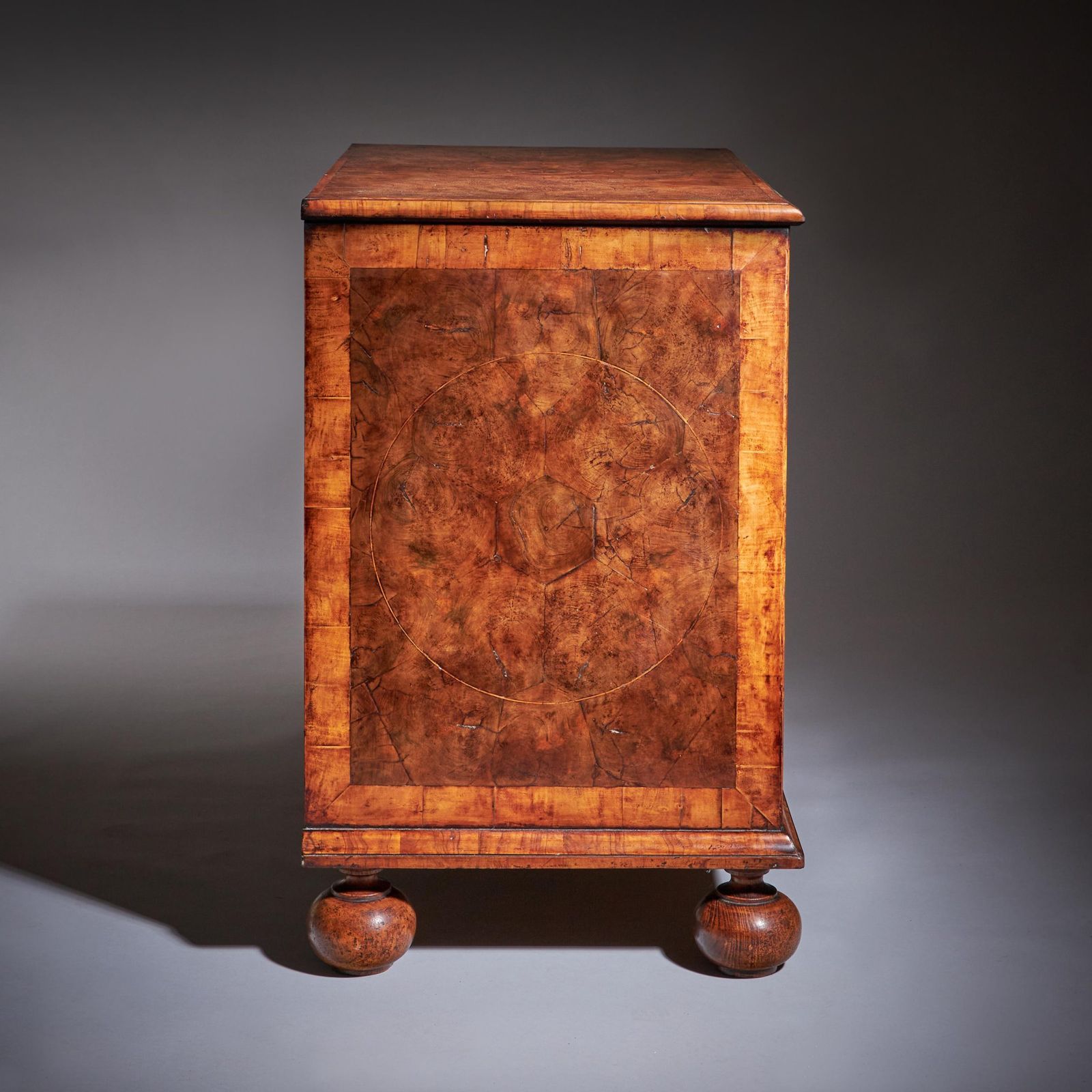 photo furniture 17th Century William And Mary Blond Olive Oyster Chest Of Drawers, Circa 1690