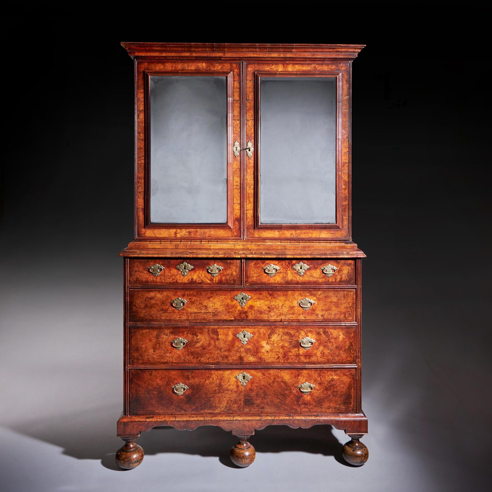 18th Century Queen Anne Burr Walnut Mirrored Cabinet On Chest, Circa 1705 1715